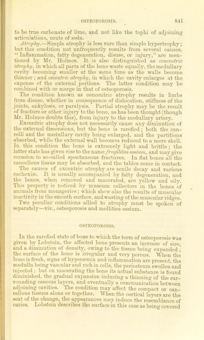 to be true carbonate of lime, and not like the tophi of adjoining articulations, urate of soda. Atrophy.—Simple atrophy is less rare than simple hypertrophy; but this condition not unfrequently results from several causes. ‘‘Inflammation, fatty degeneration, disuse, or injury,” are men- tioned by Mr. Holmes. It is also distinguished as concentric atrophy, in which all parts of the bone waste equally, themedullary cavity becoming smaller at the same time as the walls become thinner; and excentric atrophy, in which the cavity enlarges at the expense of the external portions. The latter condition may be combined with or merge in that of osteoporosis. The condition known as concentric atrophy results in limbs from disuse, whether in consequence of dislocation, stiffness of the joints, ankylosis, or paralysis. Partial atrophy may be the result of fracture or other injury to the bone, as has been thought (though Mr. Holmes doubts this), from injury to the medullary artery. Excentric atrophy does not necessarily cause any diminution of the external dimensions, but the bone is rarefied; both the can- celli and the medullary cavit}^ being enlarged, and the partitions absorbed, while the external wall becomes reduced to a mere shell. In this condition the bone is extremely light and brittle ; the latter state has given rise to the name fragilitas ossium, and may give occasion to so-called spontaneous fractures. In flat bones all the cancellous tissue may be absorbed, and the tables come in contact. The causes of excentric atrophy are senile decay and various cachexise. It is usually accompanied by fatty degeneration, and the bones, when removed and macerated, are yellow and oily. This property is noticed by museum collectors in the bones of animals from menageries; which show also the results of muscular inactivity in the smooth surface, and wasting of the muscular ridges. Two peculiar conditions allied to atrophy must be spoken of separately—viz., osteoporosis and mollities ossium. OSTEOPOROSIS. In the rarefied state of bone to which the term of osteoporosis was given by Lobstein, the affected bone presents an increase of size, and a diminution of density, owing to the tissue being expanded ; the surface of the bone is irregular and very porous. When the bone is fresh, signs of hypermmia and inflammation are present, the medulla being vascular and rich in cells, the periosteum swollen’and injected ; but on macerating the bone its actual substance is found diminished, the gradual expansion inducing a thinning of the sur- rounding osseous layers, and eventually a communication between adjoining cavities. The condition may affect the compact or can- cellous tissues alone or together. When the cortical layers are the seat of the change, the appearances may induce the resemblance of caries. Lobstein describes the surface in this case as bein^ covered