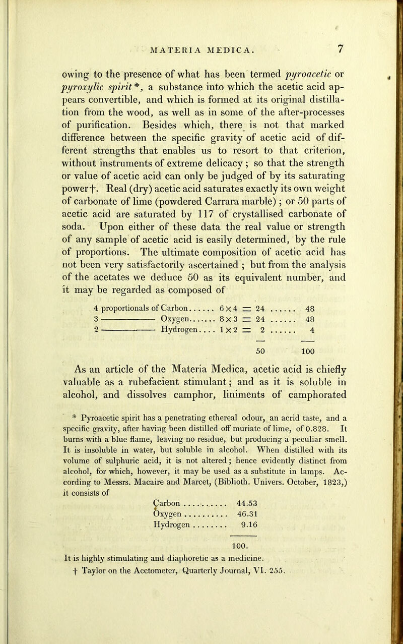 owing to the presence of what has been termed pyroacetic or pyroxylic spirit *, a substance into which the acetic acid ap- pears convertible, and which is formed at its original distilla- tion from the wood, as well as in some of the after-processes of purification. Besides which, there is not that marked difference between the specific gravity of acetic acid of dif- ferent strengths that enables us to resort to that criterion, without instruments of extreme delicacy ; so that the strength or value of acetic acid can only be judged of by its saturating power f. Real (dry) acetic acid saturates exactly its own weight of carbonate of lime (powdered Carrara marble); or 50 parts of acetic acid are saturated by 117 of crystallised carbonate of soda. Upon either of these data the real value or strength of any sample of acetic acid is easily determined, by the rule of proportions. The ultimate composition of acetic acid has not been vexy satisfactorily ascertained ; but from the analysis of the acetates we deduce 50 as its equivalent number, and it may be regarded as composed of 4 proportionals of Carbon 6x4 — 24 48 3 Oxygen 8x3 = 24 48 2 Hydrogen....1x2 = 2 4 50 100 As an article of the Materia Medica, acetic acid is chiefly valuable as a rubefacient stimulant; and as it is soluble in alcohol, and dissolves camphor, liniments of camphorated * Pyroacetic spirit has a penetrating ethereal odour, an acrid taste, and a specific gravity, after having been distilled off muriate of lime, of 0.828. It burns with a blue flame, leaving no residue, but producing a peculiar smell. It is insoluble in water, but soluble in alcohol. When distilled with its volume of sulphuric acid, it is not altered; hence evidently distinct from alcohol, for which, however, it may be used as a substitute in lamps. Ac- cording to Messrs. Macaire and Marcet, (Biblioth. Univers. October, 1823,) it consists of Carbon 44.53 Oxygen 46.31 Hydrogen 9.16 100. It is highly stimulating and diaphoretic as a medicine, f Taylor on the Acetometer, Quarterly Journal, VI. 255.