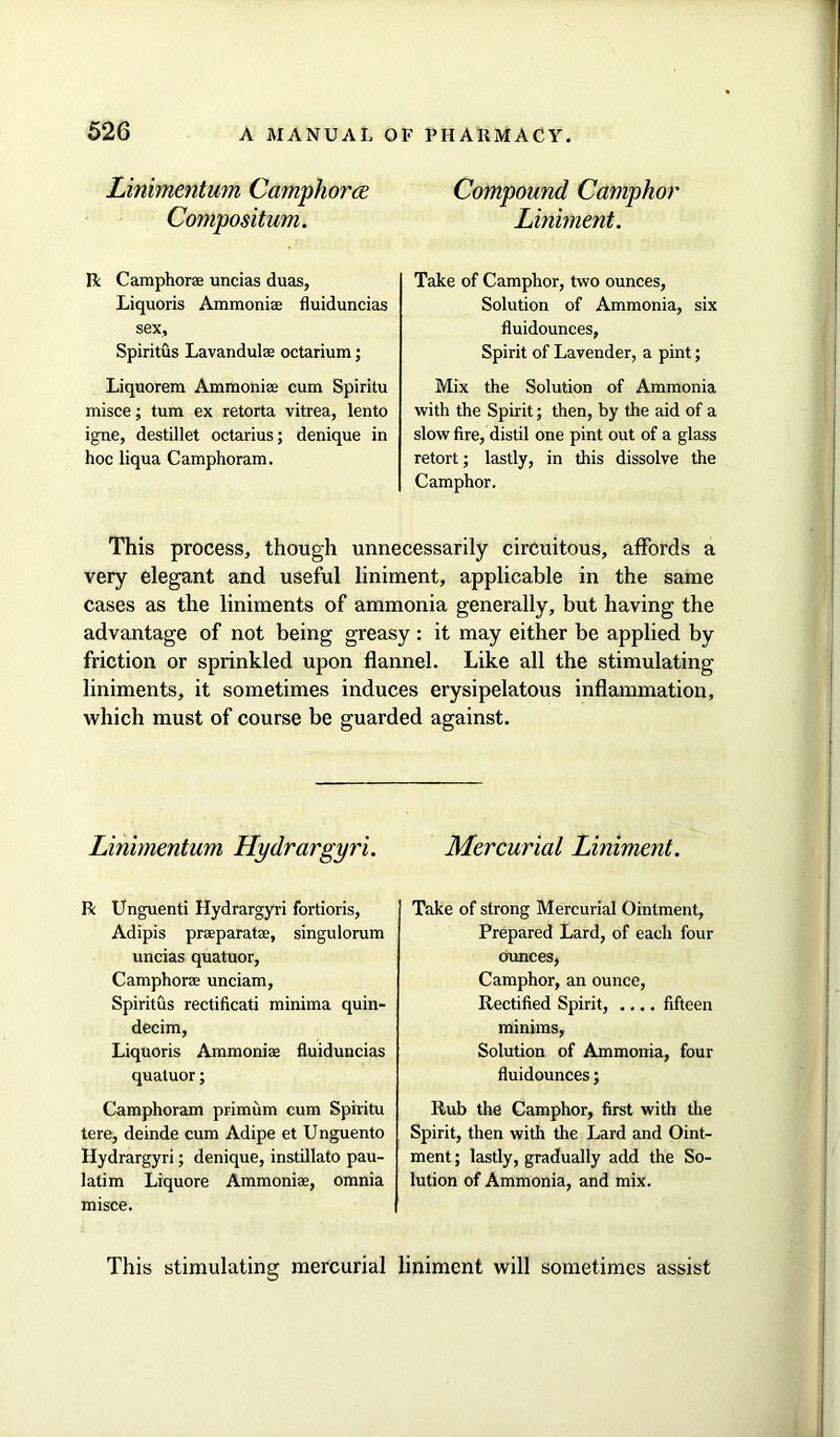 Linimentum Camphorce Conipositum. R Camphor® uncias duas, Liquoris Ammonias fluiduncias sex, Spiritus Lavandulae octarium; Liquorem Ammoniae cum Spiritu misce; turn ex retorta vitrea, lento igne, destillet octarius; denique in hoc liqua Camphoram. Compound Camphor Liniment. Take of Camphor, two ounces. Solution of Ammonia, six fluidounces, Spirit of Lavender, a pint; Mix the Solution of Ammonia with the Spirit; then, by the aid of a slow fire, distil one pint out of a glass retort; lastly, in this dissolve the Camphor. This process, though unnecessarily circuitous, affords a very elegant and useful liniment, applicable in the same cases as the liniments of ammonia generally, but having the advantage of not being greasy : it may either be applied by friction or sprinkled upon flannel. Like all the stimulating liniments, it sometimes induces erysipelatous inflammation, which must of course be guarded against. Linimentum Hydrargyri. R Unguenti Hydrargyri fortioris, Adipis praeparatae, singulorum uncias quatuor, Camphor® unciam, Spiritus rectificati minima quin- decim, Liquoris Ammoniae fluiduncias quatuor; Camphoram primum cum Spiritu tere, deinde cum Adipe et Unguento Hydrargyri; denique, instillato pau- latim Liquore Ammoniae, omnia misce. Mercurial Liniment. Take of strong Mercurial Ointment, Prepared Lard, of each four ounces, Camphor, an ounce, Rectified Spirit, .... fifteen minims, Solution of Ammonia, four fluidounces; Rub the Camphor, first with the Spirit, then with the Lard and Oint- ment ; lastly, gradually add the So- lution of Ammonia, and mix. This stimulating mercurial liniment will sometimes assist