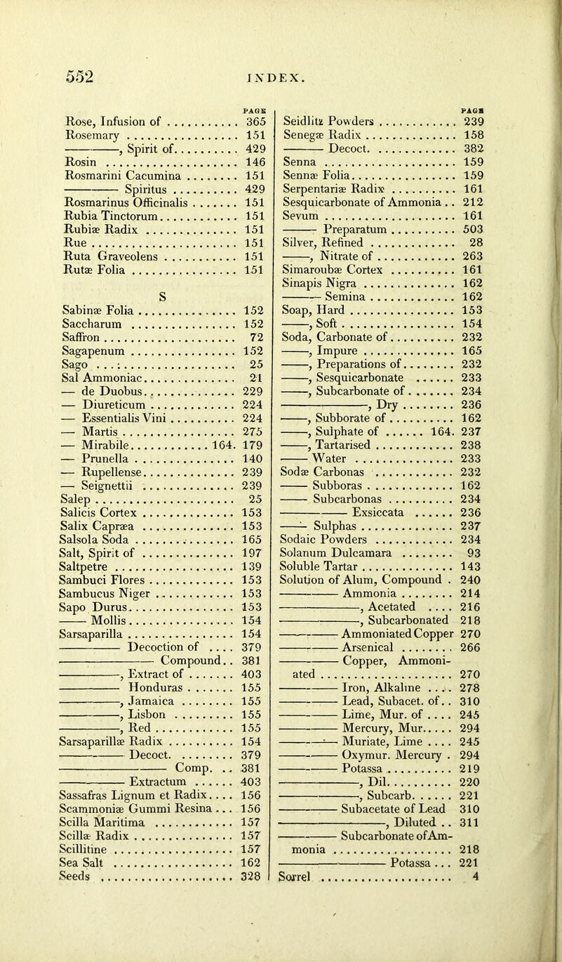 Rose, Infusion of Rosemary , Spirit of Rosin Rosmarini Cacumina Spiritus Rosmarinus Officinalis Rubia Tinctorum Rubise Radix Rue Ruta Graveolens Rutae Folia S Sabinas Folia Saccharum Saffron Sagapenum Sago ...: Sal Ammoniac — de Duobus., — Diureticum — Essentialis Vini — Martis — Mirabile 164. — Prunella — Rupellense — Seignettii Salep Salicis Cortex Salix Caprsea Salsola Soda Salt, Spirit of Saltpetre Sambuci Flores Sambucus Niger Sapo Durus Mollis Sarsaparilla .... Decoction of .... Compound.. , Extract of Honduras , Jamaica , Lisbon , Red Sarsaparillae Radix Decoct Comp. .. Extractum Sassafras Lignum et Radix.... Scammoniae Gummi Resina ... Scilla Maritima Scilla Radix Scillitine Sea Salt Seeds PAG* Seidlitz Powders 239 Senegae Radix 158 Decoct 382 Senna 159 Sennas Folia 159 Serpentariae Radix 161 Sesquicarbonate of Ammonia .. 212 Sevum 161 Preparatum 503 Silver, Refined 28 , Nitrate of 263 Simaroubae Cortex 161 Sinapis Nigra 162 Semina 162 Soap, Hard 153 , Soft 154 Soda, Carbonate of 232 , Impure 165 , Preparations of 232 , Sesquicarbonate 233 , Subcarbonate of 234 , Dry 236 , Subborate of 162 , Sulphate of 164. 237 , Tartarised 238 Water 233 Sodae Carbonas 232 Subboras 162 Subcarbonas 234 Exsiccata 236 Sulphas 237 Sodaic Powders 234 Solanum Dulcamara 93 Soluble Tartar 143 Solution of Alum, Compound . 240 Ammonia 214 , Acetated .... 216 , Subcarbonated 218 Ammoniated Copper 270 Arsenical 266 Copper, Ammoni- ated 270 Iron, Alkaline 278 Lead, Subacet. of.. 310 Lime, Mur. of .... 245 Mercury, Mur 294 1— Muriate, Lime .... 245 Oxymur. Mercury . 294 Potassa 219 , Dil 220 , Subcarb 221 Subacetate of Lead 310 , Diluted .. 311 Subcarbonate ofAm- monia 218 Potassa ... 221 Sorrel 4 PAGB 365 151 429 146 151 429 151 151 151 151 151 151 152 152 72 152 25 21 229 224 224 275 179 140 239 239 25 153 153 165 197 139 153 153 153 154 154 379 381 403 155 155 155 155 154 379 381 403 156 156 157 157 157 162 328