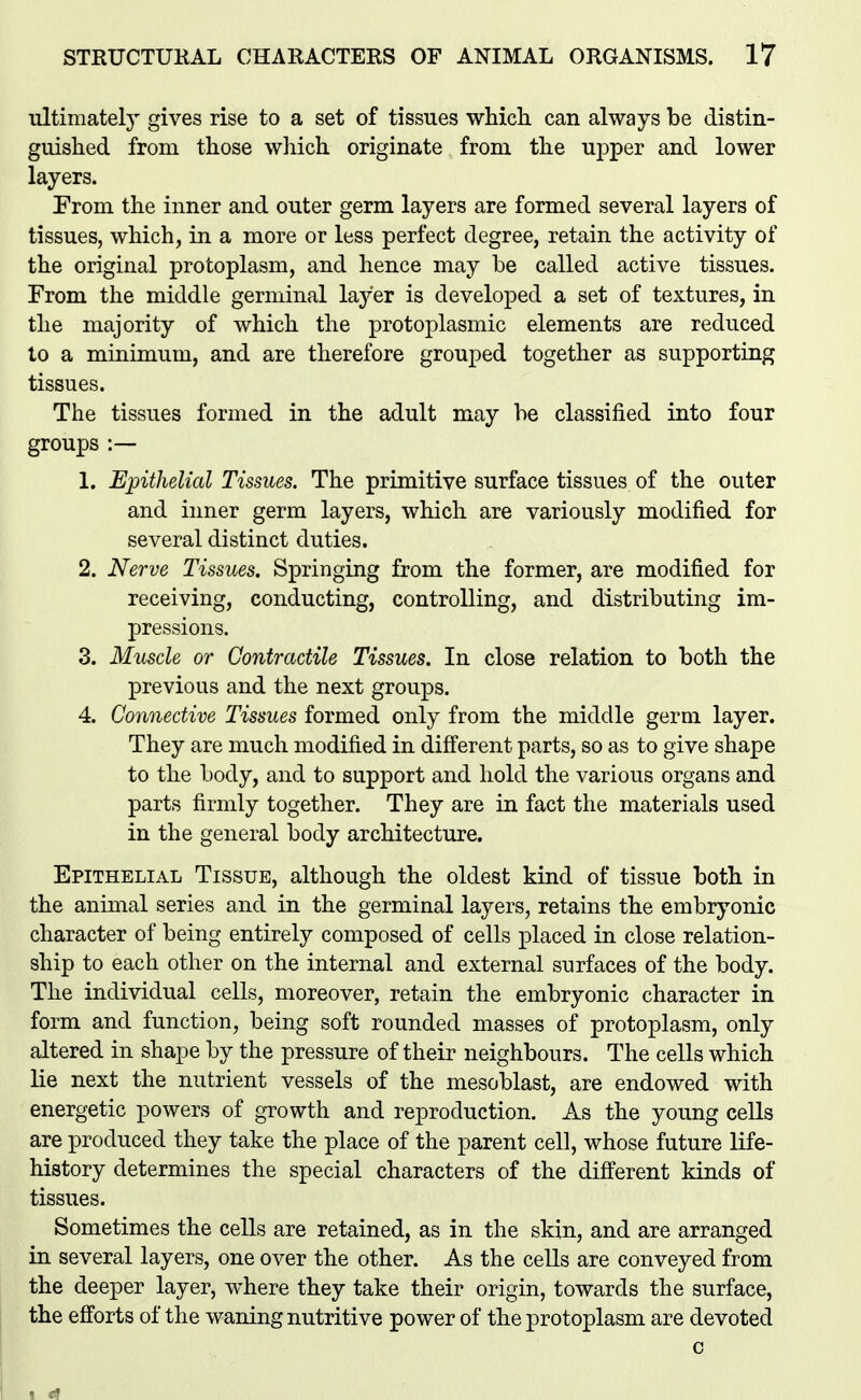 ultimately gives rise to a set of tissues whicli can always be distin- guished from those wliich originate from the ujDper and lower layers. From the inner and outer germ layers are formed several layers of tissues, which, in a more or less perfect degree, retain the activity of the original protoplasm, and hence may be called active tissues. From the middle germinal layer is developed a set of textures, in the majority of which the protoplasmic elements are reduced to a minimum, and are therefore grouped together as supporting tissues. The tissues formed in the adult may be classified into four groups :— 1. Epithelial Tissues. The primitive surface tissues of the outer and inner germ layers, which are variously modified for several distinct duties. 2. Nerve Tissues. Springing from the former, are modified for receiving, conducting, controlling, and distributing im- pressions. 3. Muscle or Contractile Tissues. In close relation to both the previous and the next groups. 4. Connective Tissues formed only from the middle germ layer. They are much modified in different parts, so as to give shape to the body, and to support and hold the various organs and parts firmly together. They are in fact the materials used in the general body architecture. Epithelial Tissue, although the oldest kind of tissue both in the animal series and in the germinal layers, retains the embryonic character of being entirely composed of cells placed in close relation- ship to each other on the internal and external surfaces of the body. The individual cells, moreover, retain the embryonic character in form and function, being soft rounded masses of protoplasm, only altered in shape by the pressure of their neighbours. The cells which lie next the nutrient vessels of the mesoblast, are endowed with energetic powers of growth and reproduction. As the young ceUs are produced they take the place of the parent cell, whose future life- history determines the special characters of the different kinds of tissues. Sometimes the cells are retained, as in the skin, and are arranged in several layers, one over the other. As the cells are conveyed from the deeper layer, where they take their origin, towards the surface, the efforts of the waning nutritive power of the protoplasm are devoted