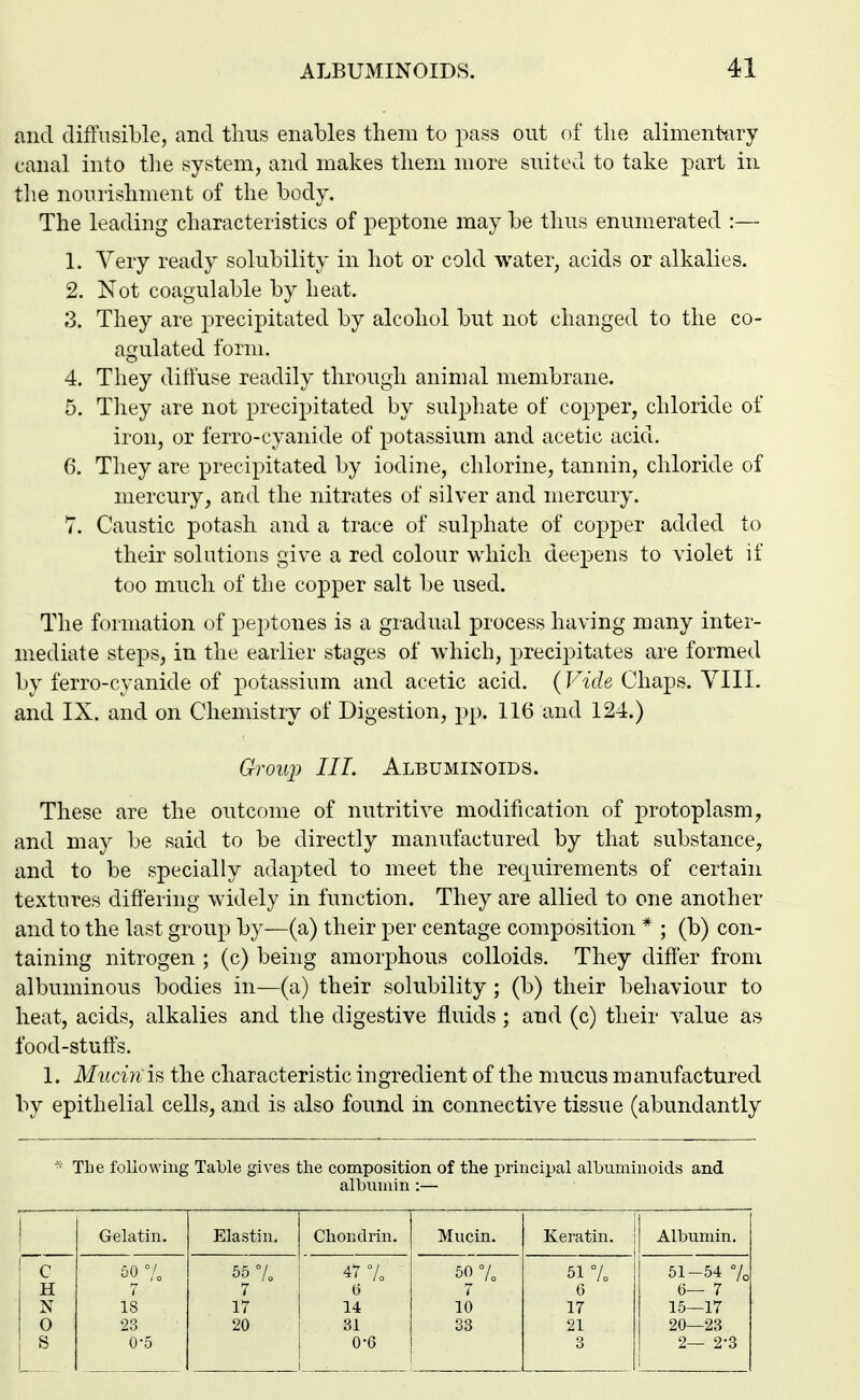 and diffusible, and thus enables them to pass out of the alimenttiry canal into the system, and makes them more suited to take part in the nourishment of the body. The leading characteristics of peptone may be thus enumerated :— 1. Very ready solubility in hot or cold water, acids or alkalies. 2. Not coagulable by heat. 3. They are precipitated by alcohol but not changed to the co- agulated form. 4. They diffuse readily through animal membrane. 5. They are not precipitated by sulphate of copper, chloride of iron, or ferro-cyanide of potassium and acetic acid. 6. They are precipitated by iodine, chlorine, tannin, chloride of mercury, and the nitrates of silver and mercury. 7. Caustic potash and a trace of sulphate of copper added to their solutions give a red colour which deepens to violet if too much of the copper salt be used. The formation of peptones is a gradual process having many inter- mediate steps, in the earlier stages of which, precipitates are formed by ferro-cyanide of potassium and acetic acid. (Vide Chaps. YIII. and IX. and on Chemistry of Digestion, pp. 116 and 124.) Grou}) III. Albuminoids. These are the outcome of nutritive modification of protoplasm, and may be said to be directly manufactured by that substance, and to be specially adapted to meet the requirements of certain textures differing widely in function. They are allied to one another and to the last group by—(a) their per centage composition * ; (b) con- taining nitrogen ; (c) being amorphous colloids. They differ from albuminous bodies in—(a) their solubility ; (b) their behaviour to heat, acids, alkalies and the digestive fluids ; and (c) their value as food-stuffs. 1. Muciyiis the characteristic ingredient of the mucus manufactured by epithelial cells, and is also found in connective tissue (abundantly * The following Table gives the composition of the principal albuminoids and albixnain :— Gelatin. Elastiu. Chondrin. Mucin. Keratin. Albumin. & 50 % 51 L 51-54 % (i 6 6— 7 N 18 14 10 17 15—17 0 23 20 31 33 21 20—23 s 0-5 0-6 : 3 2— 2-3