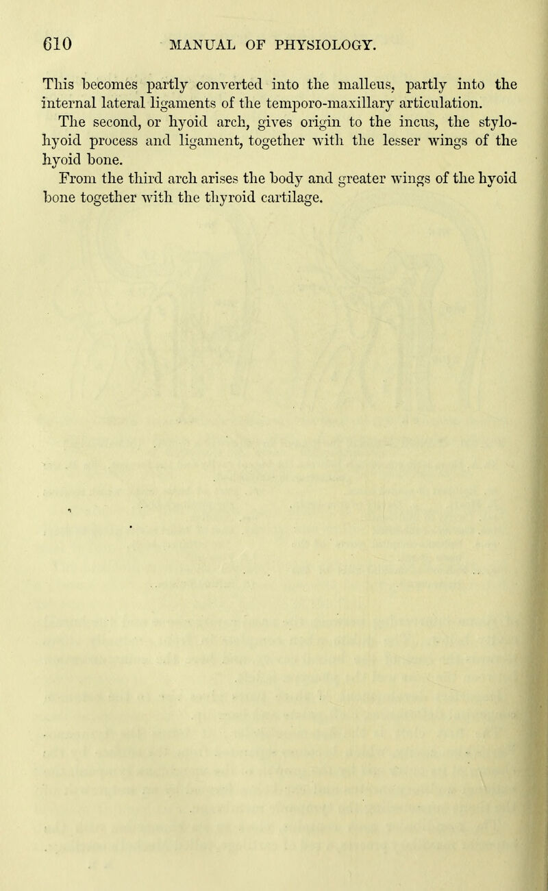 This becomes partly converted into the malleus, partly into the internal lateral ligaments of the temporo-maxillary articulation. The second, or hyoid arch, gives origin to the incus, the stylo- hyoid process and ligament, together with the lesser wings of the hyoid bone. From the third arch arises the body and greater wings of the hyoid bone together with the thyroid cartilage.