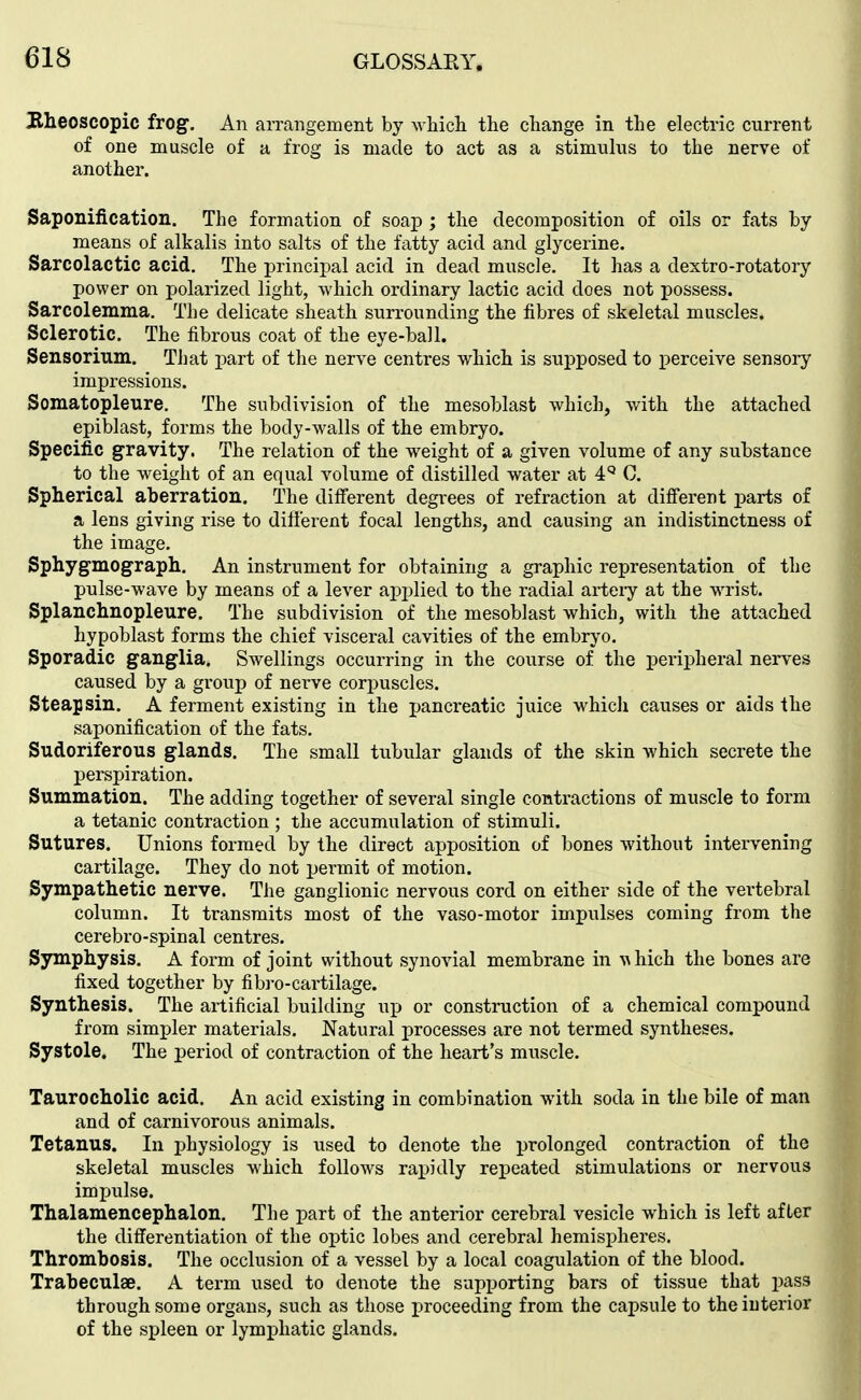 Bheoscopic frog. An arrangement by wliicli the change in the electric current of one muscle of a frog is made to act as a stimulus to the nerve of another. Saponification. The formation of soap ; the decomposition of oils or fats by- means of alkalis into salts of the fiitty acid and glycerine. Sarcolactic acid. The principal acid in dead muscle. It has a dextro-rotatory power on polarized light, which ordinary lactic acid does not possess. Sarcolemma. The delicate sheath surrounding the fibres of skeletal muscles. Sclerotic. The fibrous coat of the eye-ball. Sensorium. That jmrt of the nerve centres which is supposed to perceive sensoiy impressions. Somatopleure, The subdivision of the mesoblast which, with the attached epiblast, forms the body-walls of the embryo. Specific gravity. The relation of the weight of a given volume of any suhstance to the weight of an equal volume of distilled water at 4'' C. Spherical aberration. The diiFerent degrees of refraction at difierent parts of a lens giving rise to different focal lengths, and causing an indistinctness of the image. Sphygmograph. An instrument for obtaining a graphic representation of the pulse-wave by means of a lever applied to the radial arteiy at the wrist. Splanchnopleure. The subdivision of the mesoblast which, with the attached hypoblast forms the chief visceral cavities of the embryo. Sporadic ganglia. Swellings occurring in the course of the peripheral nerves caused by a group of nerve corpuscles. Steapsin. A ferment existing in the x>ancreatic juice which causes or aids the saponification of the fats. Sudoriferous glands. The small tubular glands of the skin which secrete the perspiration. Summation. The adding together of several single contractions of muscle to form a tetanic contraction ; the accumulation of stimuli. Sutures. Unions formed by the direct apposition of bones without intervening cartilage. They do not permit of motion. Sympathetic nerve. The ganglionic nervous cord on either side of the vertebral column. It transmits most of the vaso-motor impulses coming from the cerebro-spinal centres. Symphysis. A form of joint without synovial membrane in w hich the bones are fixed together by fibro-cartilage. Synthesis. The artificial building up or construction of a chemical compound from simpler materials. Natural processes are not termed syntheses. Systole. The period of contraction of the heart's muscle. Taurocholic acid. An acid existing in combination with soda in the bile of man and of carnivorous animals. Tetanus. In physiology is used to denote the prolonged contraction of the skeletal muscles which follows ra^iidly repeated stimulations or nervous impulse. Thalamencephalon. The part of the anterior cerebral vesicle which is left after the differentiation of the optic lobes and cerebral hemispheres. Thrombosis. The occlusion of a vessel by a local coagulation of the blood. Trabeculse. A term used to denote the supporting bars of tissue that pass through some organs, such as those proceeding from the capsule to theiuterior of the spleen or lymphatic glands.
