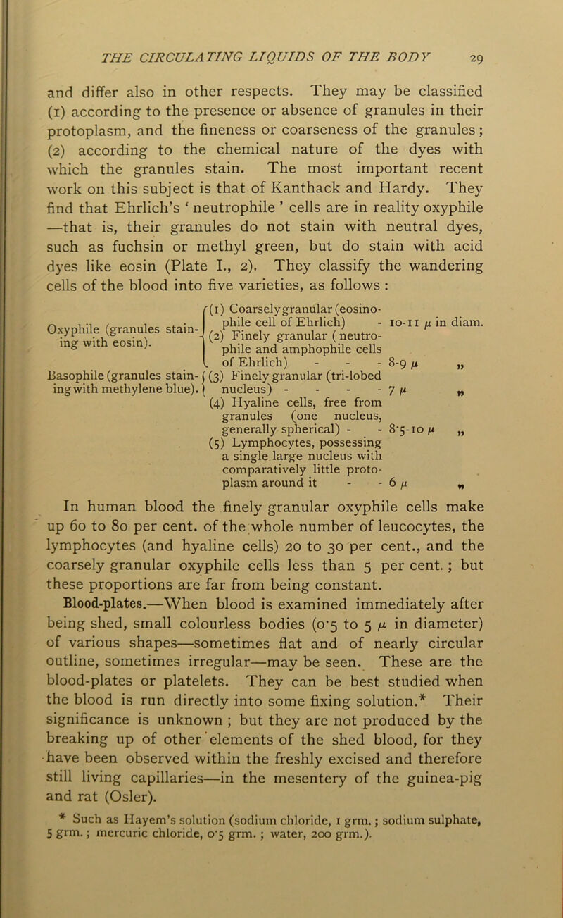 and differ also in other respects. They may be classified (1) according to the presence or absence of granules in their protoplasm, and the fineness or coarseness of the granules; (2) according to the chemical nature of the dyes with which the granules stain. The most important recent work on this subject is that of Kanthack and Hardy. They find that Ehrlich’s £ neutrophile ’ cells are in reality oxyphile —that is, their granules do not stain with neutral dyes, such as fuchsin or methyl green, but do stain with acid dyes like eosin (Plate I., 2). They classify the wandering cells of the blood into five varieties, as follows : Oxyphile (granules stain- ing with eosin). Basophile (granules stain- ingwith methylene blue). r(i) Coarselygranular (eosino- phile cell of Ehrlich) - 10-n ji in diam. (2) Finely granular ( neutro- phile and amphophile cells „ of Ehrlich) - - - 8-9 n „ | (3) Finely granular (tri-lobed ( nucleus) - - - - 7 // „ (4) Hyaline cells, free from granules (one nucleus, generally spherical) - - 8'5-io m „ (5) Lymphocytes, possessing a single large nucleus with comparatively little proto- plasm around it - 6 /i „ In human blood the finely granular oxyphile cells make up 60 to 80 per cent, of the whole number of leucocytes, the lymphocytes (and hyaline cells) 20 to 30 per cent., and the coarsely granular oxyphile cells less than 5 per cent.; but these proportions are far from being constant. Blood-plates.—When blood is examined immediately after being shed, small colourless bodies (o”5 to 5 ^ in diameter) of various shapes—sometimes flat and of nearly circular outline, sometimes irregular—may be seen. These are the blood-plates or platelets. They can be best studied when the blood is run directly into some fixing solution.* Their significance is unknown ; but they are not produced by the breaking up of other elements of the shed blood, for they have been observed within the freshly excised and therefore still living capillaries—in the mesentery of the guinea-pig and rat (Osier). * Such as Hayem’s solution (sodium chloride, 1 grm.; sodium sulphate, 5 &rm-; mercuric chloride, o‘5 grm. ; water, 200 grm.).