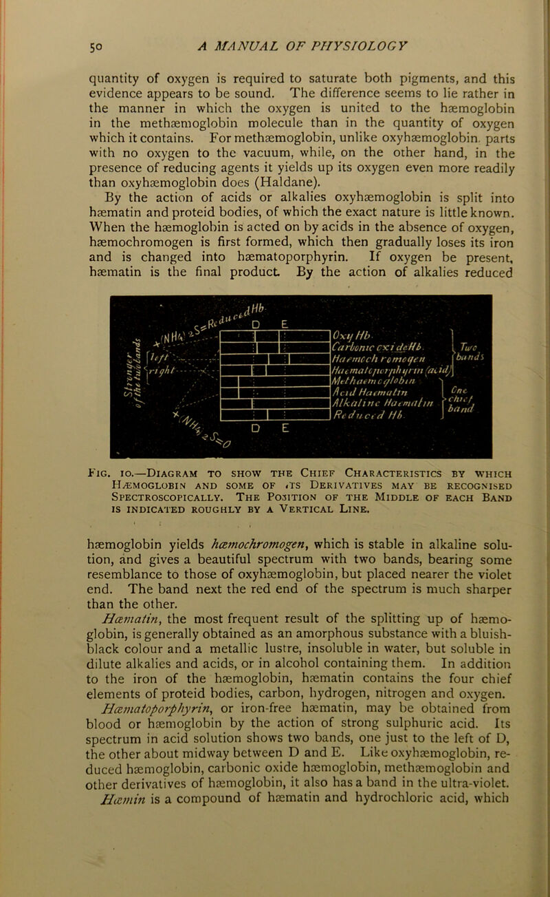 quantity of oxygen is required to saturate both pigments, and this evidence appears to be sound. The difference seems to lie rather in the manner in which the oxygen is united to the haemoglobin in the methaemoglobin molecule than in the quantity of oxygen which it contains. For methaemoglobin, unlike oxyhaemoglobin. parts with no oxygen to the vacuum, while, on the other hand, in the presence of reducing agents it yields up its oxygen even more readily than oxyhaemoglobin does (Haldane). By the action of acids or alkalies oxyhaemoglobin is split into haematin andproteid bodies, of which the exact nature is little known. When the haemoglobin is acted on by acids in the absence of oxygen, haemochromogen is first formed, which then gradually loses its iron and is changed into haematoporphyrin. If oxygen be present, haematin is the final product By the action of alkalies reduced cb \ >>'s* > Si <ri//lif- ts) 'S. 'O dHb D D OxijHb Carbonic cxidcHb. Harmed* romoifen Hat matcpoi'fih i/nn (at id) Met haem c qhbtn field Ha (matin Alkaline Haemdhn Reduced HI . Turo I ba nds Cnc \ chief band Fig. io.—Diagram to show the Chief Characteristics by which Hemoglobin and some of «ts Derivatives may be recognised Spectroscopically. The Position of the Middle of each Band IS INDICATED ROUGHLY BY A VERTICAL LlNE. haemoglobin yields hcztnochromogen, which is stable in alkaline solu- tion, and gives a beautiful spectrum with two bands, bearing some resemblance to those of oxyhaemoglobin, but placed nearer the violet end. The band next the red end of the spectrum is much sharper than the other. Hezmatin, the most frequent result of the splitting up of haemo- globin, is generally obtained as an amorphous substance with a bluish- black colour and a metallic lustre, insoluble in water, but soluble in dilute alkalies and acids, or in alcohol containing them. In addition to the iron of the haemoglobin, haematin contains the four chief elements of proteid bodies, carbon, hydrogen, nitrogen and oxygen. Hamatoporphyrin, or iron-free haematin, may be obtained from blood or haemoglobin by the action of strong sulphuric acid. Its spectrum in acid solution shows two bands, one just to the left of D, the other about midway between D and E. Like oxyhaemoglobin, re- duced haemoglobin, carbonic oxide haemoglobin, methaemoglobin and other derivatives of haemoglobin, it also has a band in the ultra-violet. Ha min is a compound of haematin and hydrochloric acid, which