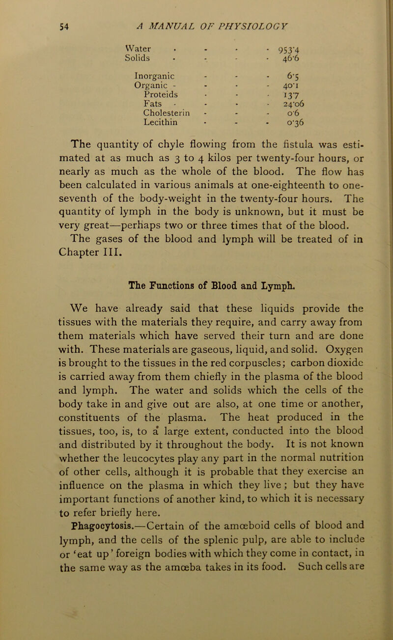 Water .... 953-4 Solids • 46’6 Inorganic - - 6-5 Organic - - • 40'i Proteids • - 137 Fats - - - - 24-06 Cholesterin - - - 06 Lecithin • - - 036 The quantity of chyle flowing from the fistula was esti- mated at as much as 3 to 4 kilos per twenty-four hours, or nearly as much as the whole of the blood. The flow has been calculated in various animals at one-eighteenth to one- seventh of the body-weight in the twenty-four hours. The quantity of lymph in the body is unknown, but it must be very great—perhaps two or three times that of the blood. The gases of the blood and lymph will be treated of in Chapter III. The Functions of Blood and Lymph. We have already said that these liquids provide the tissues with the materials they require, and carry away from them materials which have served their turn and are done with. These materials are gaseous, liquid, and solid. Oxygen is brought to the tissues in the red corpuscles; carbon dioxide is carried away from them chiefly in the plasma of the blood and lymph. The water and solids which the cells of the body take in and give out are also, at one time or another, constituents of the plasma. The heat produced in the tissues, too, is, to a large extent, conducted into the blood and distributed by it throughout the body. It is not known whether the leucocytes play any part in the normal nutrition of other cells, although it is probable that they exercise an influence on the plasma in which they live ; but they have important functions of another kind, to which it is necessary to refer briefly here. Phagocytosis.—Certain of the amoeboid cells of blood and lymph, and the cells of the splenic pulp, are able to include or ‘eat up ’ foreign bodies with which they come in contact, in the same way as the amoeba takes in its food. Such cells are