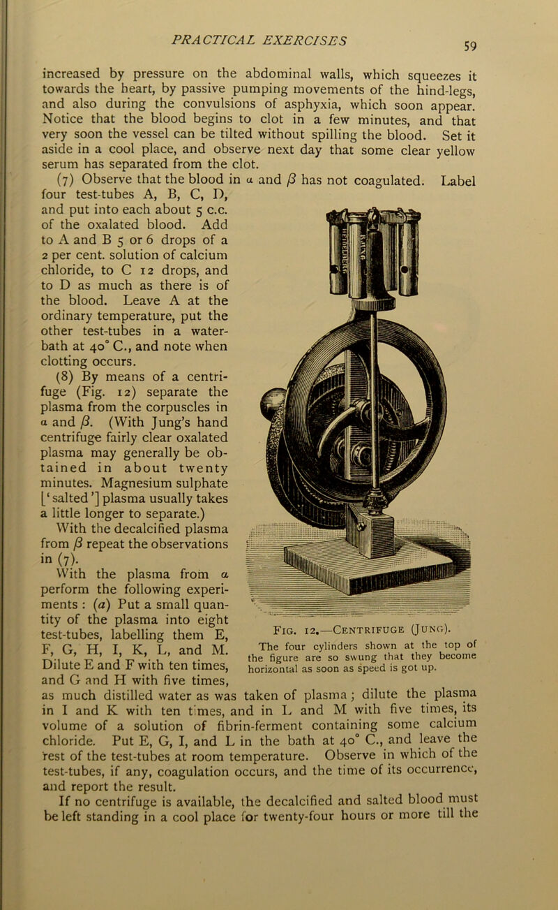 59 increased by pressure on the abdominal walls, which squeezes it towards the heart, by passive pumping movements of the hind-legs, and also during the convulsions of asphyxia, which soon appear. Notice that the blood begins to clot in a few minutes, and that very soon the vessel can be tilted without spilling the blood. Set it aside in a cool place, and observe next day that some clear yellow serum has separated from the clot. (7) Observe that the blood in a and (3 has not coagulated. Label four test-tubes A, B, C, D, and put into each about 5 c.c. of the oxalated blood. Add to A and B 5 or 6 drops of a 2 per cent, solution of calcium chloride, to C 12 drops, and to D as much as there is of the blood. Leave A at the ordinary temperature, put the other test-tubes in a water- bath at 40° C., and note when clotting occurs. (8) By means of a centri- fuge (Fig. 12) separate the plasma from the corpuscles in a and (3. (With Jung’s hand centrifuge fairly clear oxalated plasma may generally be ob- tained in about twenty minutes. Magnesium sulphate [‘ salted ’] plasma usually takes a little longer to separate.) With the decalcified plasma from (3 repeat the observations in (7). With the plasma from a perform the following experi- ments : (a) Put a small quan- tity of the plasma into eight test-tubes, labelling them E, F, G, H, I, K, L, and M. Dilute E and F with ten times, and G and H with five times, as much distilled water as was taken of plasma; dilute the plasma in I and K with ten times, and in L and M with five times, its volume of a solution of fibrin-ferment containing some calcium chloride. Put E, G, I, and L in the bath at 40° C., and leave the rest of the test-tubes at room temperature. Observe in which of the test-tubes, if any, coagulation occurs, and the time of its occurrence, and report the result. If no centrifuge is available, the decalcified and salted blood must be left standing in a cool place for twenty-four hours or more till the Fig. 12.—Centrifuge (Jung). The four cylinders shown at the top of the figure are so swung that they become horizontal as soon as speed is got up.