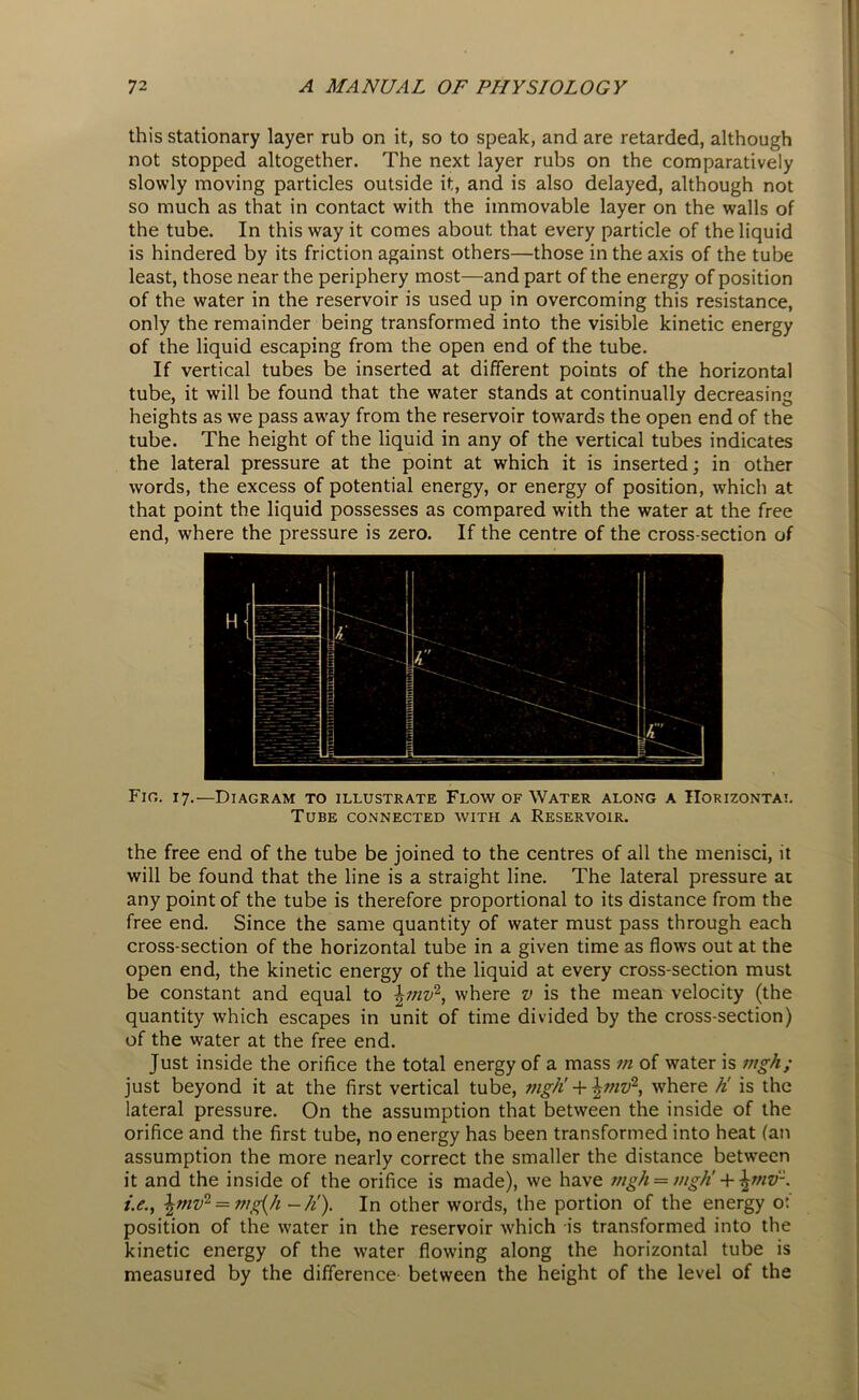 this stationary layer rub on it, so to speak, and are retarded, although not stopped altogether. The next layer rubs on the comparatively slowly moving particles outside it, and is also delayed, although not so much as that in contact with the immovable layer on the walls of the tube. In this way it comes about that every particle of the liquid is hindered by its friction against others—those in the axis of the tube least, those near the periphery most—and part of the energy of position of the water in the reservoir is used up in overcoming this resistance, only the remainder being transformed into the visible kinetic energy of the liquid escaping from the open end of the tube. If vertical tubes be inserted at different points of the horizontal tube, it will be found that the water stands at continually decreasing heights as we pass away from the reservoir towards the open end of the tube. The height of the liquid in any of the vertical tubes indicates the lateral pressure at the point at which it is inserted; in other words, the excess of potential energy, or energy of position, which at that point the liquid possesses as compared with the water at the free end, where the pressure is zero. If the centre of the cross-section of Fig. 17.—Diagram to illustrate Flow of Water along a Horizontal Tube connected with a Reservoir. the free end of the tube be joined to the centres of all the menisci, it will be found that the line is a straight line. The lateral pressure at any point of the tube is therefore proportional to its distance from the free end. Since the same quantity of water must pass through each cross-section of the horizontal tube in a given time as flow's out at the open end, the kinetic energy of the liquid at every cross-section must be constant and equal to fynv2, where v is the mean velocity (the quantity which escapes in unit of time divided by the cross-section) of the water at the free end. Just inside the orifice the total energy of a mass m of water is mgh; just beyond it at the first vertical tube, mgh + fynv2, where h is the lateral pressure. On the assumption that between the inside of the orifice and the first tube, no energy has been transformed into heat (an assumption the more nearly correct the smaller the distance between it and the inside of the orifice is made), we have mgh = mgh + /.<?., \mvl = mg(h - h). In other words, the portion of the energy o: position of the water in the reservoir which is transformed into the kinetic energy of the w-ater flowing along the horizontal tube is measured by the difference between the height of the level of the