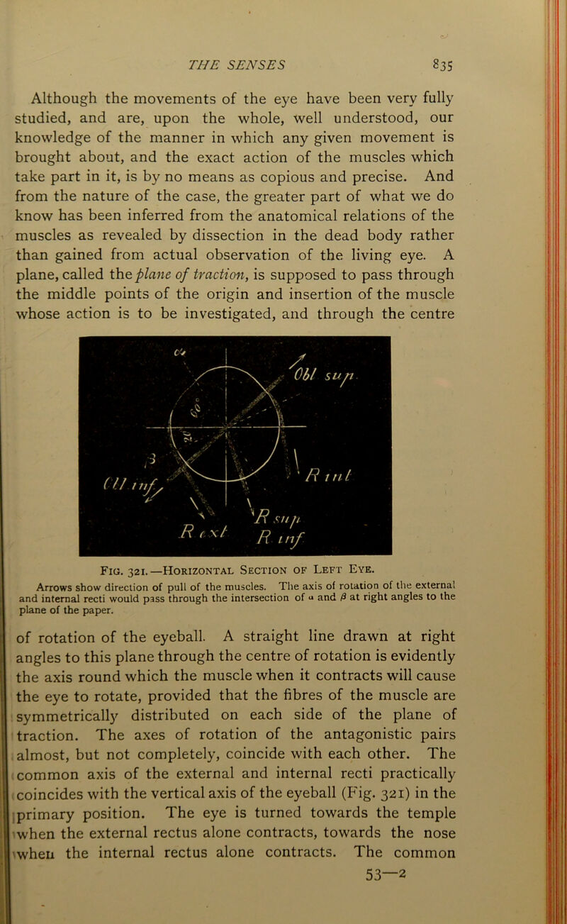 Although the movements of the eye have been very fully studied, and are, upon the whole, well understood, our knowledge of the manner in which any given movement is brought about, and the exact action of the muscles which take part in it, is by no means as copious and precise. And from the nature of the case, the greater part of what we do know has been inferred from the anatomical relations of the muscles as revealed by dissection in the dead body rather than gained from actual observation of the living eye. A plane, called the. plane of traction, is supposed to pass through the middle points of the origin and insertion of the muscle whose action is to be investigated, and through the centre Fiu. 321.—Horizontal Section of Left Eye. Arrows show direction of pull of the muscles. The axis of rotation of the external and internal recti would pass through the intersection of and at right angles to the plane of the paper. of rotation of the eyeball. A straight line drawn at right angles to this plane through the centre of rotation is evidently the axis round which the muscle when it contracts will cause the eye to rotate, provided that the fibres of the muscle are symmetrically distributed on each side of the plane of traction. The axes of rotation of the antagonistic pairs almost, but not completely, coincide with each other. The common axis of the external and internal recti practically coincides with the vertical axis of the eyeball (Fig. 321) in the primary position. The eye is turned towards the temple when the external rectus alone contracts, towards the nose when the internal rectus alone contracts. The common 53—2