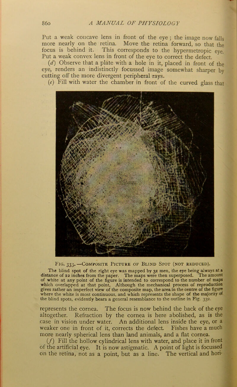 Put a weak concave lens in front of the eye ; the image now falls more nearly on the retina. Move the retina forward, so that the focus is behind it. This corresponds to the hypermetropic eye. Put a weak convex lens in front of the eye to correct the defect. {d) Observe that a plate with a hole in it, placed in front of the eye, renders an indistinctly focussed image somewhat sharper by cutting off the more divergent peripheral rays. (e) Fill with water the chamber in front of the curved glass that represents the cornea. The focus is now behind the back of the eye altogether. Refraction by the cornea is here abolished, as is the case in vision under water. An additional lens inside the eye, or a weaker one in front of it, corrects the defect Fishes have a much more nearly spherical lens than land animals, and a flat cornea. (/) Fill the hollow cylindrical lens with water, and place it in front of the artificial eye. It is now astigmatic. A point of light is focussed on the retina, not as a point, but as a line. The vertical and hori- Fm. 333.—Composite Picture of Blind Spot (not reduced). The blind spot of the right eye was mapped by 31 men, the eye being always at a distance of 12 inches from the paper. The maps were then superposed. The amount of white at any point of the figure is intended to correspond to the number of maps which overlapped at that point. Although the mechanical process of reproduction gives rather an imperfect view of the composite map, the area in the centre of the figure where the white is most continuous, and which represents the shape of the majority of the blind spots, evidently bears a general resemblance to the outline in Fig, 332.