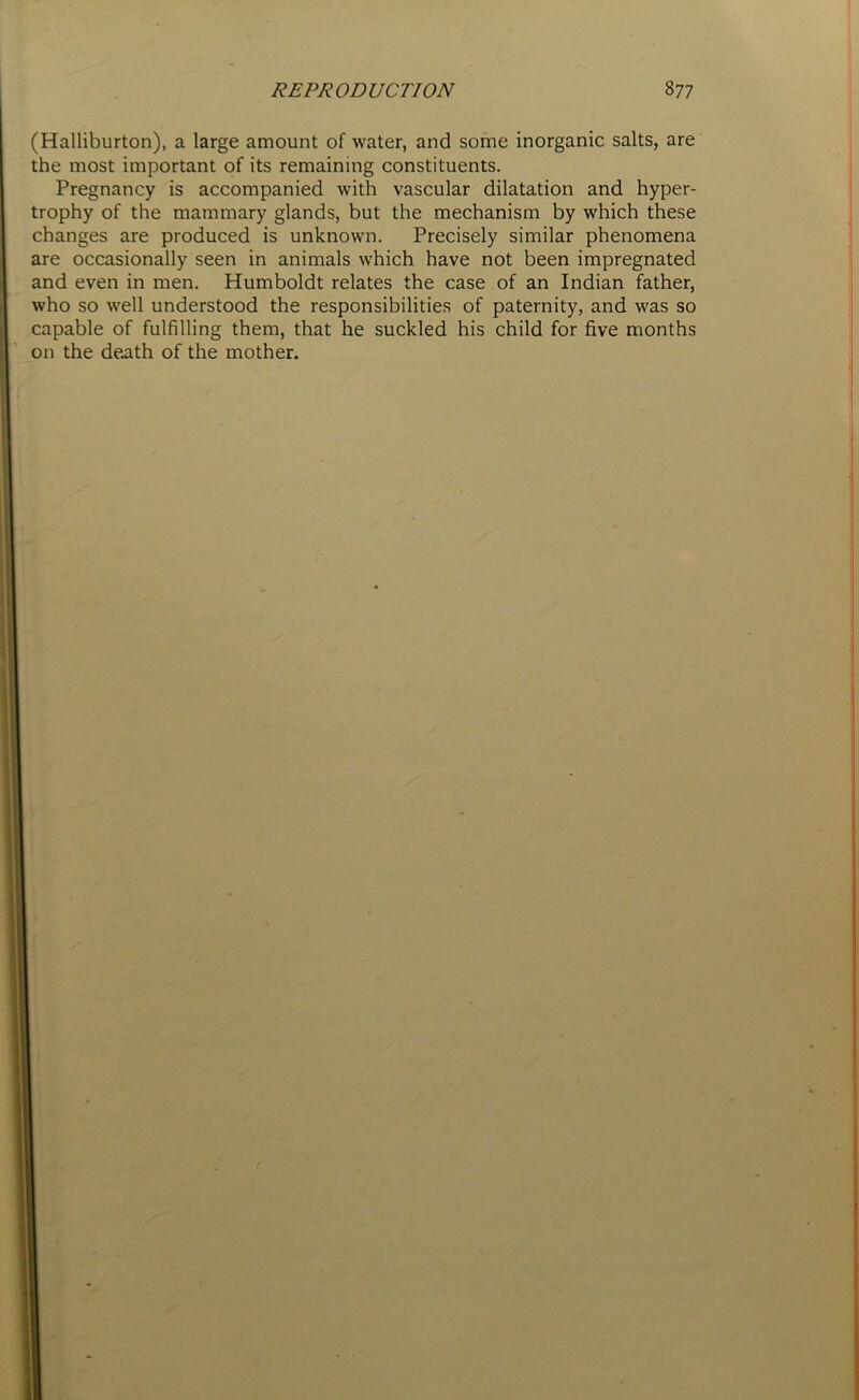 (Halliburton), a large amount of water, and some inorganic salts, are the most important of its remaining constituents. Pregnancy is accompanied with vascular dilatation and hyper- trophy of the mammary glands, but the mechanism by which these changes are produced is unknown. Precisely similar phenomena are occasionally seen in animals which have not been impregnated and even in men. Humboldt relates the case of an Indian father, who so well understood the responsibilities of paternity, and was so capable of fulfilling them, that he suckled his child for five months on the death of the mother.