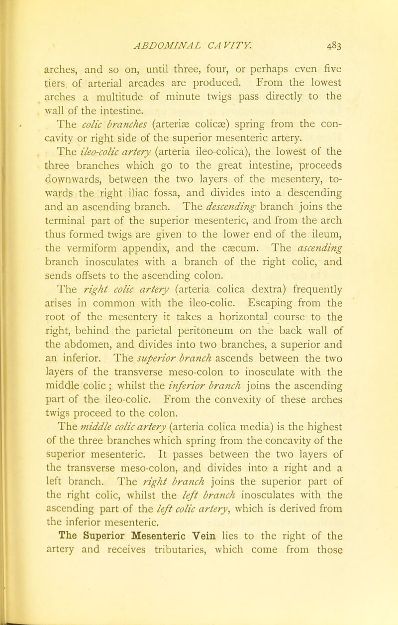 arches, and so on, until three, four, or perhaps even five tiers of arterial arcades are produced. From the lowest arches a multitude of minute twigs pass directly to the wall of the intestine. The colic branches (arterise colicse) spring from the con- cavity or right side of the superior mesenteric artery. The ileo-colic artery (arteria ileo-colica), the lowest of the three branches which go to the great intestine, proceeds downwards, between the two layers of the mesentery, to- wards the right iliac fossa, and divides into a descending and an ascending branch. The descending branch joins the terminal part of the superior mesenteric, and from the arch thus formed twigs are given to the lower end of the ileum, the vermiform appendix, and the caecum. The ascending branch inosculates with a branch of the right colic, and sends offsets to the ascending colon. The right colic artery (arteria colica dextra) frequently arises in common with the ileo-colic. Escaping from the root of the mesentery it takes a horizontal course to the right, behind the parietal peritoneum on the back wall of the abdomen, and divides into two branches, a superior and an inferior. The superior branch ascends between the two layers of the transverse meso-colon to inosculate with the middle colic ; whilst the inferior branch joins the ascending part of the ileo-colic. From the convexity of these arches twigs proceed to the colon. The middle colic artery (arteria colica media) is the highest of the three branches which spring from the concavity of the superior mesenteric. It passes between the two layers of the transverse meso-colon, and divides into a right and a left branch. The right branch joins the superior part of the right colic, whilst the left branch inosculates with the ascending part of the left colic artery, which is derived from the inferior mesenteric. The Superior Mesenteric Vein lies to the right of the artery and receives tributaries, which come from those