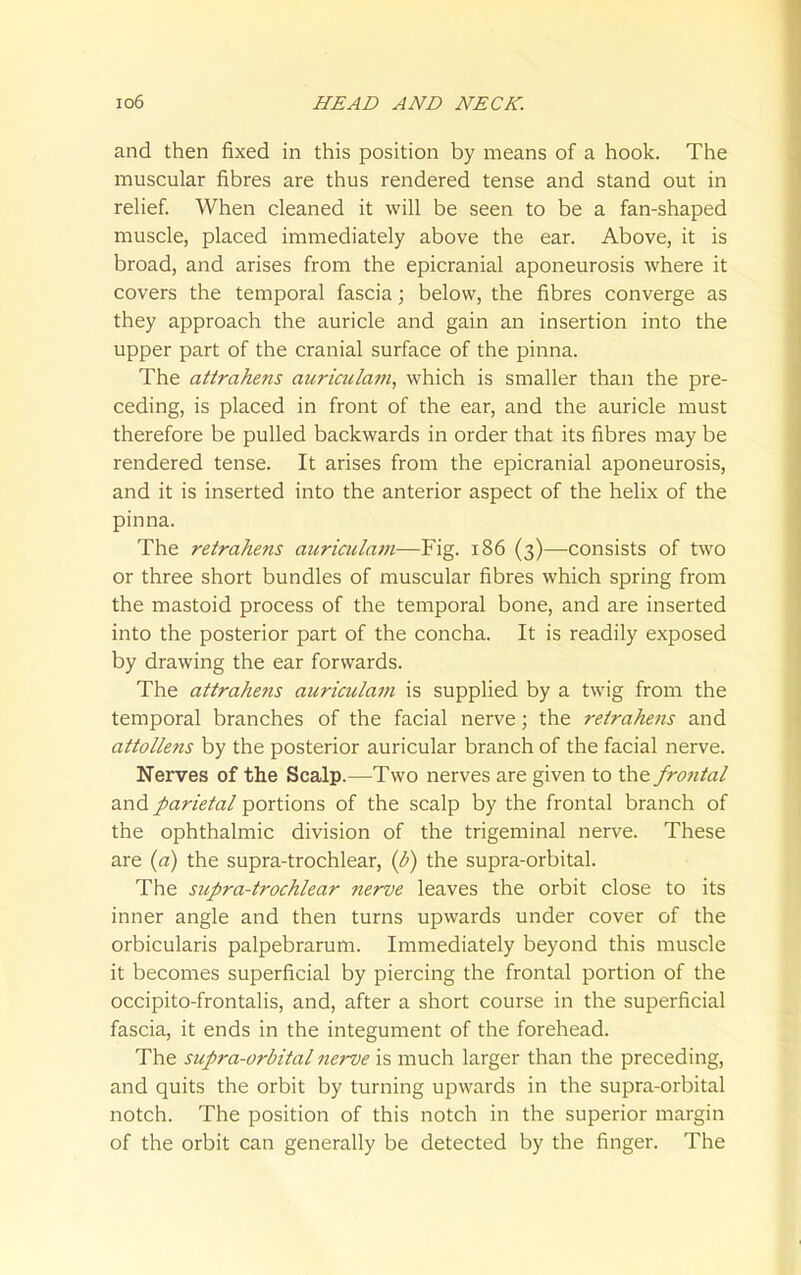 and then fixed in this position by means of a hook. The muscular fibres are thus rendered tense and stand out in relief. When cleaned it will be seen to be a fan-shaped muscle, placed immediately above the ear. Above, it is broad, and arises from the epicranial aponeurosis where it covers the temporal fascia; below, the fibres converge as they approach the auricle and gain an insertion into the upper part of the cranial surface of the pinna. The attrahens auriculam, which is smaller than the pre- ceding, is placed in front of the ear, and the auricle must therefore be pulled backwards in order that its fibres may be rendered tense. It arises from the epicranial aponeurosis, and it is inserted into the anterior aspect of the helix of the pinna. The retrahens atiriatlam—Fig. i86 (3)—consists of two or three short bundles of muscular fibres which spring from the mastoid process of the temporal bone, and are inserted into the posterior part of the concha. It is readily exposed by drawing the ear forwards. The attrahens auriculam is supplied by a twig from the temporal branches of the facial nerve; the retrahens and attoUens by the posterior auricular branch of the facial nerve. Nerves of the Scalp.—Two nerves are given to the frontal and parietal portions of the scalp by the frontal branch of the ophthalmic division of the trigeminal nerve. These are (a) the supra-trochlear, (p) the supra-orbital. The supra-trochlear nerve leaves the orbit close to its inner angle and then turns upwards under cover of the orbicularis palpebrarum. Immediately beyond this muscle it becomes superficial by piercing the frontal portion of the occipito-frontalis, and, after a short course in the superficial fascia, it ends in the integument of the forehead. The supra-orbital nerve is much larger than the preceding, and quits the orbit by turning upwards in the supra-orbital notch. The position of this notch in the superior margin of the orbit can generally be detected by the finger. The