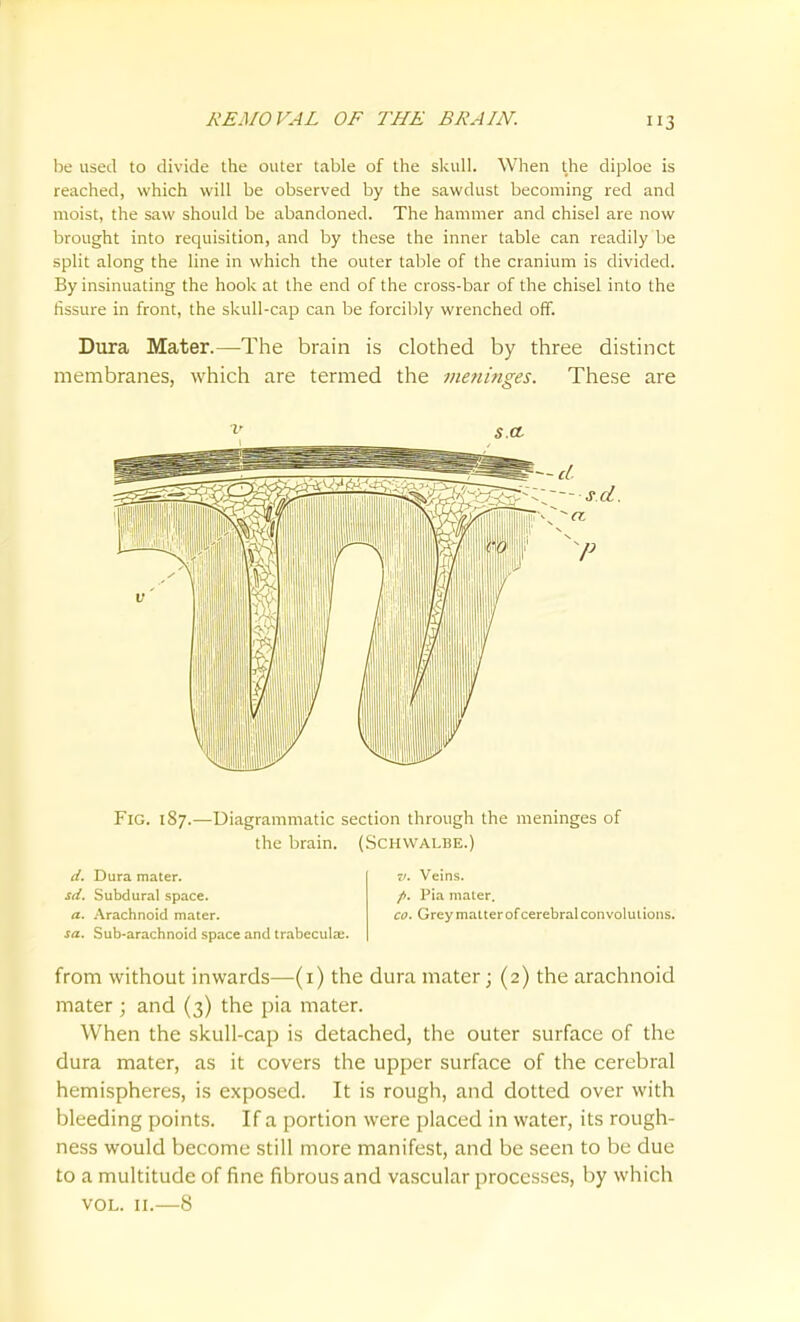 lie used to divide the outer table of the skull. When the diploe is reached, which will be observed by the sawdust becoming red and moist, the saw should be abandoned. The hammer and chisel are now brought into requisition, and by these the inner table can readily be split along the line in which the outer table of the cranium is divided. By insinuating the hook at the end of the cross-bar of the chisel into the fissure in front, the skull-cap can be forcibly wrenched off. Dura Mater.—The brain is clothed by three distinct membranes, which are termed the vtetiinges. These are so. Fig. 187.—Diagrammatic section through the meninges of the brain. (Schwalbe.) d. Dura mater. 3d. Subdural space. a. .\rachnoid mater. sa. Sub-arachnoid space and trabecula;. V. Veins. fi. Pia mater. CO. Grey matter of cerebral convolutions. from without inwards—(i) the dura mater; (2) the arachnoid mater ; and (3) the pia mater. When the skull-cap is detached, the outer surface of the dura mater, as it covers the upper surface of the cerebral hemispheres, is exposed. It is rough, and dotted over with bleeding points. If a portion were placed in water, its rough- ness would become still more manifest, and be seen to be due to a multitude of fine fibrous and vascular processes, by which VOL. II.—8