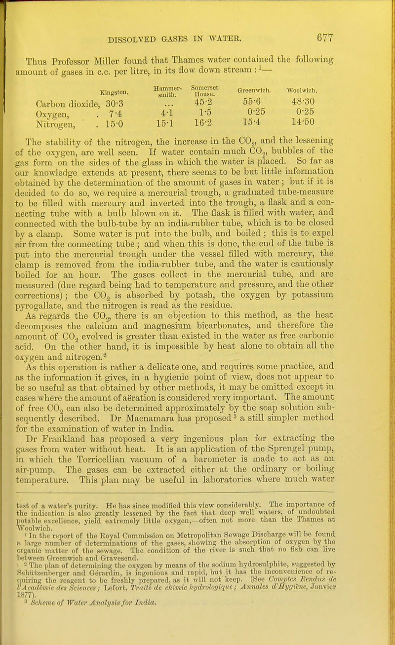Thus Professor Miller found that Thames water contained the following amount of gases in c.c. per litre, in its flow down stream : i— Kin<r,ton Hammer- Somerset Greenwich. Woolwich, nmgsiu. smith. House. Carbon dioxide, 30-3 ... 45-2 55-6 48-30 Oxygen, . 7-4 4-1 I'S 0-25 0-25 Nitrogen, .15-0 15-1 16-2 15-4 14-50 The stability of the nitrogen, the increase in the CO2, and the lessening of the oxygen, are well seen. If water contain much COg, bubbles of the gas form on the sides of the glass in which the water is placed. So far as our knowledge extends at present, there seems to be but little information obtained by the determination of the amount of gases in water; but if it is decided to do so, we require a mercurial trough, a graduated tube-measm-e to be filled with mercury and inverted into the trough, a flask and a con- necting tube with a bulb blown on it. The flask is filled with water, and connected with the bulb-tube by an india-rubber tube, which is to be closed by a clamp. Some water is put into the bulb, and boiled ; this is to expel air from the connecting tube; and when this is done, the end of the tube is put into the mercurial trough under the vessel filled with mercury, the clamp is removed from the india-rubber tube, and the water is ca.utiously boiled for an hour. The gases collect in the mercurial tube, and are measured (due regard being had to temperature and pressure, and the other coiTCctions); the COg is absorbed by potash, the oxygen by potassium pyrogallate, and the nitrogen is read as the residue. As regards the CO2, there is an objection to this method, as the heat decomposes the calcium and magnesium bicarbonates, and therefore the amount of CO^ evolved is greater than existed in the water as free carbonic acid. On the other hand, it is impossible by heat alone to obtain all the oxygen and nitrogen. ^ As this operation is rather a delicate one, and requires some practice, and as the information it gives, in a hygienic point of view, does not appear to be so useful as that obtained by other methods, it may be omitted except in cases where the amount of aeration is considered very important. The amount of free COg can also be determined approximately by the soap solution sub- sequently described. Dr Macnamara has proposed ^ a still simpler method for the examination of water in India. Dr Frankland has proposed a very ingenious plan for extracting the gases from water without heat. It is an application of the Sprengel pump, in which the Torricellian vacuum of a barometer is made to act as an air-pump. The gases can be extracted either at the ordinary or boiling temperature. This plan may be useful in laboratories where much water test of a water's purity. He has since modified this view considerably. The importance of the indication is also greatly lessened by the fact that deep well waters, of undoubted potable excellence, yield extremely little oxygen,—often not more than the Tliames at Woolwich. • In the report of the Royal Commission on Metropolitan Sewage Discharge will he found a large number of determinations of the gases, showing the absorption of oxygen by the organic matter of the sewage. The condition of the river is such that no fish can live between Greenwich and Gravesend. 2 The plan of determining the oxygen by means of the sodium hydrosulphite, suggested by Schvitzenberger and G^rardin, is ingenious and rapid, hut it has the inconvenience of re- fiuiring the reagent to be freshly prepared, as it will not keep. (See Comptcs JRendus de VAcademic des Sciences; Lefort, Traitede chimic hydrologique; Annates d'Hygihie, 3iwwKv 1877). Scheme of Water Analysis for India.