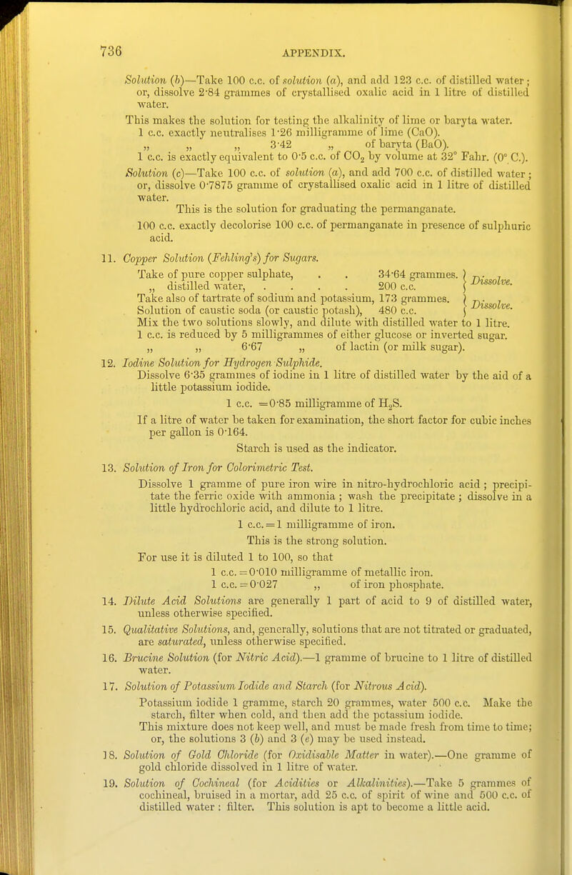 Solution (h)—Take 100 c.c. of solution (a), and add 123 c.c. of distilled water ; or, dissolve 284 grammes of crystallised oxalic acid in 1 litre of distilled water. This makes the solution for testing the alkalinity of lime or baryta water. 1 C.C. exactly neutralises 1'26 milligramme of lime (CaO). „ „ „ 3-42 „ of baryta (BaO). 1 C.C. is exactly equivalent to 0*5 c.c. of COg by volume at 32° Fahr. (0° C). Solution (c)—Take 100 c.c. of solution (a), and add VOO c.c. of distilled water; or, dissolve 0-7875 gramme of crystallised oxalic acid in 1 litre of distilled water. This is the solution for graduating the permanganate. 100 C.C. exactly decolorise 100 c.c. of permanganate in presence of sulphuric acid. 11. Copper Solution {FeMing's) for Sugars. Take of pure copper sulphate, . . 34-64 grammes. ) ri- t „ distilled TvUer, . . . 200 c.c \Dusolve. Take also of tartrate of sodium and potassium, 173 grammes. \ j.. , . Solution of caustic soda (or caustic potash), 480 c.c. j JJusolve. Mix the two solutions slowly, and dilute with distilled water to 1 litre. 1 c.c. is reduced by 5 milligrammes of either glucose or inverted sugar. „ „ 6-67 „ of lactin (or milk sugar). 12. Iodine Solution for Hydrogen Sulphide. Dissolve 6-35 grammes of iodine in 1 litre of distilled water by the aid of a little potassium iodide. 1 c.c. =0-85 milligramme of HgS. If a litre of water be taken for examination, the short factor for cubic inches per gallon is 0-164. Starch is used as the indicator. 13. Solution of Iron for Colorimetric Test. Dissolve 1 gramme of pure iron wire in nitro-hydrochloric acid ; precipi- tate the ferric oxide with ammonia ; wash the precipitate ; dissolve in a little hydrochloric acid, and dilute to 1 litre. 1 c.c. = l milligramme of iron. This is the strong solution. For use it is diluted 1 to 100, so that 1 c.c. =0-010 milligramme of metallic iron. 1 c.c. =0-027 „ of iron phosphate. 14. Dilute Acid Solutions are generally 1 part of acid to 9 of distilled water, unless otherwise specified. 15. Qualitative Sohitions, and, generally, solutions that are not titi'ated or graduated, are saturated, unless otherwise specified. 16. Brucine Solution (for Nitric Acid).—1 gramme of brucine to 1 litre of distilled water. 17. Solution of Potassium Iodide and Starch (for Nitrous A aid). Potassium iodide 1 gramme, starch 20 grammes, water 500 c.c. Make the starch, filter when cold, and then add the potassium iodide. This mixture does not keep well, and must be made fresh from time to time; or, the solutions 3 (b) and 3 (e) may be used instead. ] 8. Solution of Gold Chloride (for Oxidisahle Matter in water).—One gramme of gold chloride dissolved in 1 litre of water. 19. Solution of Cochineal (for Aridities or Alkalinifies).—Take 5 grammes of cochineal, bruised in a mortar, add 25 c.c. of spirit of wine and 500 c.c. of distilled water : filter. This solution is apt to become a little acid.