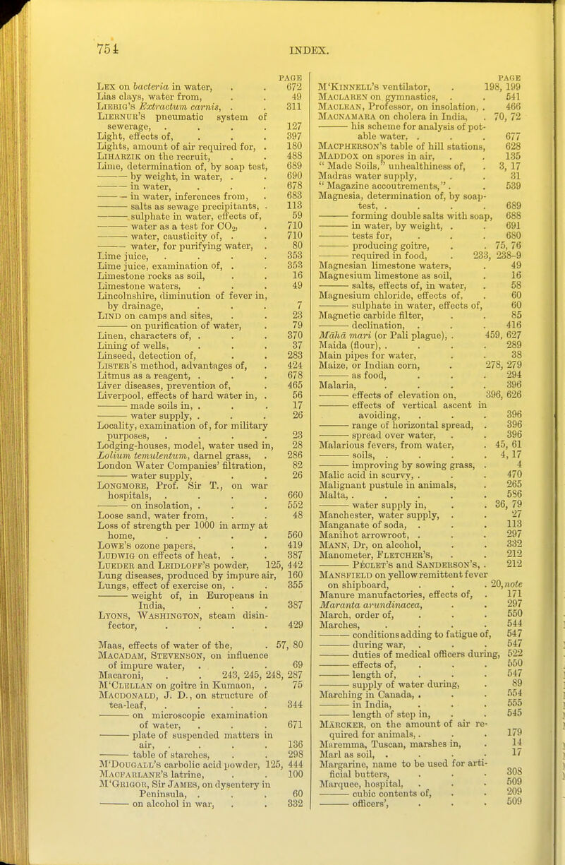 PAGE Lex on bacteria in water, . . 672 Lias clays, water from, . . 49 LiKBiG's Extractum carnis, . . 311 Liehnur's pneumatic system of sewerage, .... 127 Liglit, effects of, . . . 397 Lights, amount of air required, for, . 180 LiHARZiK on the recruit, . . 488 Lime, determiaation of, by soap test, 689 by weight, in water, . . 690 in water, . . . 678 in water, inferences from, . 683 salts as sewage precipitants, . 113 sulphate hi water, effects of, 59 water as a test for OOo, . 710 water, causticity of, . . 710 water, for purifying water, . 80 Lime juice, .... 353 Lime juice, examination of, . . 353 Limestone rocks as soil, . . 16 Limestone waters, ... 49 Lincolnshire, diminution of fever in, by drainage, ... 7 LiND on camps and sites, . . 23 ■ • on purification of water, . 79 Linen, characters of, . . . 370 Lining of wells, ... 37 Linseed, detection of, . . 283 Lister's method, advantages of, . 424 Litmus as a reagent, . . . 678 Liver diseases, prevention of, . 465 Liverpool, effects of hard water in, . 56 made soils in, . . .17 • water supply, ... 26 Locality, examination of, for military purposes, .... 23 Lodging-houses, model, water used in, 28 Loliwni temulentum, darnel grass, . 286 London Water Companies' filtration, 82 water supply, . . 26 LONGMORE, Prof. Sir T., on war hospitals, .... 660 on insolation, . . . 552 Loose sand, water from, . . 48 Loss of strength per 1000 in army at home, .... 560 Lowe's ozone papers, . . 419 Lddwig on efl'ects of heat, . . 387 LuEDER and Leidloff's powder, 125, 442 Lung diseases, produced by impure air, 160 Lungs, effect of exercise on, . . 355 weight of, in Europeans in India, . . . 387 Lyons, Washington, steam disin- fector, , . . ,429 Maas, effects of water of the, . 57, 80 Macadam, Stevenson, on influence of impure water, ... 69 Macaroni, . . 243, 245, 248, 287 M'Clellan on goitre in Kumaon, . 75 Macdonald, J. D., on structure of tea-leaf, .... 344 on microscopic examination of water, . . . 671 plate of suspended matters in air, .... 136 table of starches, . . 298 M'Dougai.l's carbolic acid powder, 125, 444 Maci'arlane's latrine, . . 100 M'Grigor, Sir James, on dysentery in Peninsula, ... 60 on alcohol in war, . . 332 page M'Kinnell's ventilator, . 198, 199 Maclaren on gymnastics, . . 641 Maclean, Professor, on insolation, . 466 Macnamara on cholera in India, . 70, 72 his scheme for analysis of pot- able water, . . . 677 Macpherson's table of hill stations, 628 Maddox on spores in air, . . 135  Made Sods, uuhealthiness of, . 3,17 Madras water supply, . . 31  Magazine accoutrements,. . 539 Magnesia, determination of, by soajj- test, . . . .689 forming double salts with soap, 688 in water, by weight, . . 691 tests for, . . . 680 producing goitre, . . 75, 76 required in food, . 233, 238-9 Magnesian limestone waters, . 49 Magnesium limestone as soil, . 16 salts, effects of, in water, . 68 Magnesium chloride, effects of, . 60 sulphate in water, effects of, 60 Magnetic carbide filter, . . 85 declination, . . . 416 Mdhd mari (or Pali plague), . 459, 627 Maida (flour), . . . .289 Main pipes for water, . . 38 Maize, or Indian com, . 278, 279 as food, . . .294 Malaria, . . . .396 effects of elevation on, 396, 626 effects of vertical ascent in avoiding, . . . 396 range of horizontal spread, . 396 spread over water, . . 396 Malarious fevers, from water, . 45, 61 soils, . . . . 4,17 improving by sowing grass, . 4 Malic acid in scurvy, . . . 470 Malignant pustule in animals, . 265 Malta, . . . . .586 water supply in, . . 36, 79 Manchester, water supply, . . 27 Manganate of soda, . . . 113 Manihot arrowroot, . . . 297 Mann, Dr, on alcohol, . . 332 Manometer, Fletcher's, . . 212 P^:clet's and Sanderson's, . 212 Mansfield on yeUow remittent fever on shipboard, . . . 20, note Manure manufactories, effects of, . 171 Maranta arundinacea, . . 297 March, order of, . . . 550 Marches, .... 544 conditions adding to fatigue of, 54 7 during war, . . . 547 duties of medical officers during, 622 effects of, . . . 550 length of, . . .547 supply of water during, . 89 Marching in Canada, . . • 554 in India, . . .655 length of step in, . . 645 MArcker, on the amount of air re- quired for animals,. . .179 Miiremma, Tuscan, marshes in, . 1^ Marl as soil, . . • .• ^' Margarine, name to be used for arti- ficial butters, . • • 308 Marquee, hospital, . ■ • 509 cubic contents of, . • 209 ofiioors', . • • 509