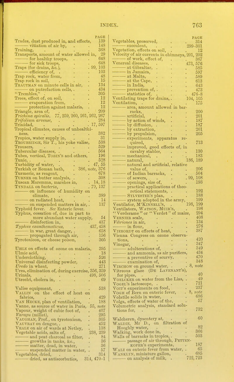 Trades, dust produced in, and effects, • ■ vitiation of air by, Training, Transports, amount of water allowed for healthy troops, for sick troops. Traps (for drains, &c.), efficiency of, . Trap rock, water from. Trap rock in soil, Trautman on minute cells in air, on puti'efactiou cells, . Trembles, . Trees, effect of, on soil, evaporation from, ■ protection against malaria. 99, 77, 259, 260, 261, Triangle, area of. Trichina spif'alis, 2'rifoUum m~vense, Trinidad, Tropical climates, causes of unhealth ness, Tropics, water supply in Thodbeidge, Sir T., his yoke valise, Trousers, Tubercular diseases, . Tubes, vertical, Tobin's and others, Tunic, .... Turbidity of water, . Turkish or Eoman bath, Turmeric, as reagent, Turner on butter analysis, . Tuscan Maremma, marshes in, Tyndaxl on bacteria, on influence of humidity on climate, on radiated heat, on suspended matters in air. Typhoid fever. See Enteric fever. Typhus, cessation of, due in part to more abundant water supply, disinfection in, PAGE 139 148 368 , 29 648 648 103 103 48 15 134 434 305 12 12 12 209 262, 267 284 17, 597 1- 382 31 538 529 564 196 528 47 55 386, note, 376 678 308 14,18 70, 137 389 14 137 54 437 Typhus exanthematicus, . 437,458 in war, great danger, . . 658 propagated through air, . 156 Tyrotoxicon, or cheese isoison, . 305 TJhle on effects of ozone on malaria, 395 Ulmic acid, .... 18 Underclothing, . . . 526 Universal disinfecting powder, . 443 Uredo in wheat, . . . 271 Urea, elimination of, during exercise, 356, 359 Urinals, . . . 498, 506 Utrecht, cholera in, . . .69 Valise equipment, Vallin on the effect of heat on fabrics, Van Hkcke, plan of ventilation, Vanne, as source of water in Paris, Vapour, weight of cubic foot of, Varagu (millet), Vaughan, Prof., on tyrotoxicon, Vauvray on dengue, . Veale on air of wards at Netley, Vegetable acids, salts of, and peat charcoal as filter, growths in tanks, &c., matter, dead, in water, suspended matter in water, Vegetables, dried, ■ dried, as antiscorbutics, 538 314 429 188 55, note 407 295 305 452 138 238, 239 84 36 36 57 314 470-1 PAGE Vegetables, preserved, . . 314 succulent, . . 299-301 Vegetation, effects on soil, . . 12 Velocity of au- currents in chimneys, 201, 202 of work, effect of, . . 367 Venereal diseases, . . 473^ 576 at Gibraltar, . . . 585 in Jamaica, . . . 597 at Malta, . . .589 at the Cape, . . .613 in India, . . . 643 prevention of, . . . 473 statistics of, . . . 476-8 Ventilating traps for drains,. 104, 105 Ventilation, . area, amount allowed in bar racks, ■ artificial, by action of winds, by diffusion, . by extraction, by propulsion, experiments, apparatus re quired, improved, good effects of, in cavalry stables, mechanical, natural, . . 186 natural and artificial, relative value of, of Indian barracks, of sewers, . . .99, openings, size of, practical applications of theo retical statements, . Sylvester's plan, system adopted in the army. Ventilator, M'Bjnnell's, . 198, Ventilators, Watson, Mdik's,  Verderame  or  Verdet  of maize. Vernier scale, Vibriones in au', in flour, ViERORDT on effects of heat, Vienna Congress on ozone observa tions, Vinegar, adulterations of, and ammonia, as air purifiers a preventive of scurvy, examination of, ViRCHOV*f on ground water, . Vitreous glaze (De Lavenant's), for pipes, . . • VoELCKER on water from the Lias, Vogel's lactoscope, . Voit's experiments on food, VoGH of IJern on enteric fever, Volatile solids in water, Volga, effects of water of the. Volumetric analysis, standard solu tions for, Walcheren, dysentery at, Waldie, Mr D., on filtration of Hooghly water, Walking, work done in, Walls of barracks in tropics, . passage of air through, Pktt K01''EK's experiments, Wai.z on enteric fever from water, Wanklyn, miniature gallon, on analysis of milk, . 722,