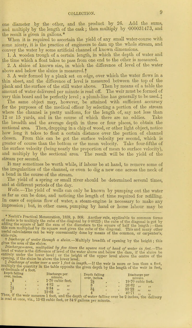 one diameter by the other, and the product by 26. Add the sums, and multiply by the length of the cask; then multiply by -000031473, and the residt is given in gallons.* When it is required to ascertain the yield of any small water-course with some nicety, it is the practice of engineers to dam up the whole stream, and convey the water by some artificial channel of known dimensions. 1. A wooden trough of a certain length, in which the depth of water and the time which a float takes to pass from one end to the other is measured. 2. A sluice of known size, in which the difference of level of the water above and below the sluice is measured, f 3. A weir formed by a plank set on edge, over which the water flows in a thin sheet, and the difference of level is measured between the top of the plank and the surface of the still water above. Then by means of a table the amount of water delivered per minute is read off. The weir must be formed of very thin board and be perfectly level; a plumb-line has generally to be used. J The same object may, however, be attained with sufficient accuracy for the purposes of the medical officer by selecting a portion of the stream where the channel is pretty uniform, for the length of, say not less than 12 or 15 yards, and in the course of which there are no eddies. Take the breadth and the average depth in three or four places, to obtain the sectional area. Then, dropping in a chip of wood, or other light object, notice how long it takes to float a certain distance over the portion of channel chosen. From this can be got the surface velocity per second, which is greater of course than the bottom or the mean velocity. Take four-fifths of the surface velocity (being nearly the proportion of mean to surface velocity), and multiply by the sectional area. The result will be the yield of the stream per second. It may sometimes be worth while, if labour be at hand, to remove some of the irregularities of the channel, or even to dig a new one across the neck of a bend in the course of the stream. The yield of a spring or small river should be determined several times, and at different periods of the day. Wells.—The yield of wells can only be known by pumping out the water as far as can be done, and noticing the length of time required for refilling. In cases of copious flow of water, a steam-engine is necessary to make any impression; but, in other cases, pumping by hand or horse labour may be * Nesbit's Practical Mensuration, 1859, p. 309. Another rule, applicable to common forms of casks is to multiply the cube of the diagonal by 0-00225 ; the cube of the diagonal is got by adding the square of half the sum of the diameters to the square of half the length;—then this sum multiplied by its square root gives the cube of the diagonal. This and many other slide rule ^ be conveDiently done hJ meaus of the common, or carpenter's, t Discharge of water through a sluice.—Multiply breadth of opening by the height: this gives the area of the sluice. Discharge=area, multiplied by five times the square root of head of water in feel.—Tha Heart ot water is the difference of level of the water above and below the dam, if the sluice be entirely under the lower level ; or the height of the upper level above the centre of the opening, if the sluice be above the lower level. X Discharge of water over a weir 1 foot in length.-If the weir is more or less than a foot, mu tipiy the quantity m the table opposite the given depth by the length of the weir in feet, or decimals of a foot. Depth falling Discharge per over, inches. minute. i . . 170 cubic feet. u * * 4-82 U . . 8-84 2 . . 1363 Deptli fnlllng Dischnrge per over, inches. minute. 2£ . .19-70 cubic feet. 3 . . 26-62 „ „ H . . 33-22 „ „ 4 . . 40-71 ■ mis> » the weir measure 1 foot, and the depth of water fallina over bo 2 inches, the delivery rtad at ouce. viz., 13-63 cubic feet, or 84'9 gallons per minute. 7