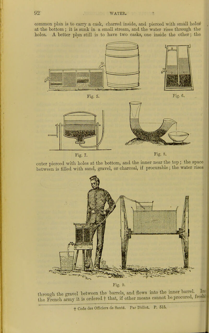common plan is to carry a cask, charred inside, and pierced with small holes at the bottom; it is sunk in a small stream, and the water rises through the holes. A better plan still is to have two casks, one inside the other: the Fig. 5. Fig. 6. Fig- 7. Fig. 8. outer pierced with holes at the hottom, and the inner near the top; the space between is filled with sand, gravel, or charcoal, if procurable j the water rises Fig. 9. through the gravel between the barrels, and flows into the inner barrel. In the French army it is ordered t that, if other means cannot be procured, freshii f Code dcs Officiers do Santd. Par Didiot. P. 515.