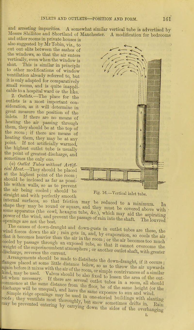 aud arresting impurities. A somewhat similar vertical tube is advertised by Messrs Shillitoe and Shortland of Manchester. A modification for bedrooms and other rooms in private houses is also suggested by Mr Tobin, viz., to cut out slits between the sashes of the windows, so that the air enters vertically, even when the window is shut. This is similar in principle to other modifications of window ventilation already referred to, but it is only adapted for comparatively small rooms, and is quite inappli- cable to a hospital ward or the like. 2. Outlets.—The place for the outlets is a most important con- sideration, as it will determine iu great measure the position of the inlets. If there are no means of heating the air passing through them, they should be at the top of the room; if there are means of heating them, they may be at any point. If not artificially warmed, the highest outlet tube is usually the point of greatest discharge, and sometimes the only one. _ (a) Outlet Tubes without Artifi- cial Heat—They should be placed at the highest point of the room; should be inclosed as far as possi- ble within walls, so as to prevent the air being cooled; should be straight and with perfectly smooth internal surfaces so that friction may be reduced to a minimum Tn The causes of down-draught and down-mist* in n„tw + i Wind forces down the air ; °rain gets Z andbv™ \ ^ ^ ^ the that it becomes heavier than thell i^CLm ZT Wf 8° C°°ls the &h' cooled by passage through an exposedtubeT tl V f ^ becomesto° m™h weight of Lsu^K^mbentatSX^ « aJtL overcome the discharge, reverses the current. m°Sp]lere > 0r anotller outlet shaft, with greater Arrangements should be made to distributP th* ri^„ i . flanges placed at some little distance below so aVH lf * °CC^ : again before it mixes with the air of the ™Z '!°- ,to fchr0W the au' uP™rds 16.—Vertical inlet tube. kind, maybeused. ValvesBhouH^^fl01 T?1? contri™nccsof asimilar let whe/necessary. If th J » ^ *S 5 ^ the *™ rf *« °f commence at the same distance from tin a , ubes m a room' aU should discharge will be unequal), and have 2 ,T'' °f the hd,eht <or the Simple ridge opening ,,y h X,,°Sm'e to sun and wind. hi they ventilate most tho ouS ^lf°ne-storied biddings with slanting may be prevented entering bZvrvL1fTi som?timc* drifts Bdi e oy canying down the sides of tho overhanging