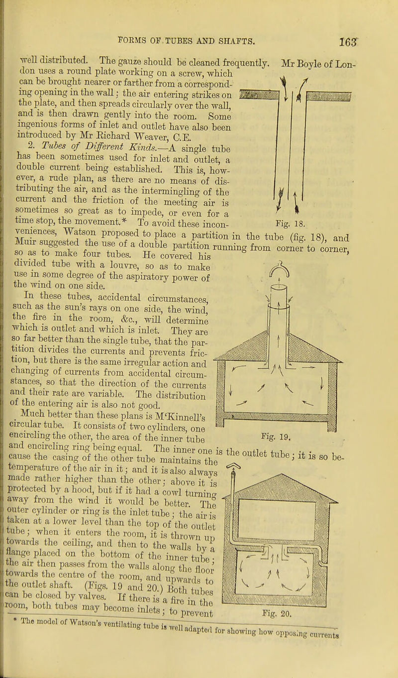 Mr Boyle of Lon- Fig. 18. well distributed. The gauze should be cleaned frequently, don uses a round plate working on a screw, which can be brought nearer or farther from a correspond- ing opening in the wall: the air entering strikes on the plate, and then spreads circularly over the wall, and is then drawn gently into the room. Some ingenious forms of inlet and outlet have also been introduced by Mr Eichard Weaver, C.E. 2. Tubes of Different Kinds.—A single tube has been sometimes used for inlet and outlet, a double current being established. This is, how- ever, a rude plan, as there are no means of dis- tributing the air, and as the intermingling of the current and the friction of the meeting air is sometimes so great as to impede, or even for a time stop, the movement* To avoid these incon- veniences, Watson proposed to place a partition in the tube (fig. 18) and so as to make four tubes. He covered his divided tube with a louvre, so as to make use m some degree of the aspiratory power of the wind on one side. In these tubes, accidental circumstances, such as the sun's rays on one side, the wind' the fire in the room, &c, will determine which is outlet and which is inlet. They are so far better than the single tube, that the par- tition divides the currents and prevents fric- tion, but there is the same irregular action and changing of currents from accidental circum- stances, so that the direction of the currents and their rate are variable. The distribution of the entering air is also not good. _ Much better than these plans is M'KinnelTs circular tube. It consists of two cylinders, one encircling the other, the area of the inner tube and encircling ring being equal. The inner one is the outlet t„K, •* • cause the casing of the other tube maintains the ' 18 80 be' temperature of the air in itj and it is also alwavs made rather higher than the other; above it is protected by a hood, but if it had a cowl turning away from the wind it would be better The outer cylinder or ring is the inlet tube; the air is taken at a lower level than the top of the outlet tube; when it enters the room, it is thrown im towards the ceding, and then to the wads bv \ flange placed on the bottom of the inner tube the air then passes from the walls along the floor towards the centre of the room, and upwards fn the outlet shaft. (Figs. 19 and 20 \ ftSTTi can be closed by valve°s. fcSw.ft?-*!? The model °^atWs~^^^ well adapted for showing how oppos;^^