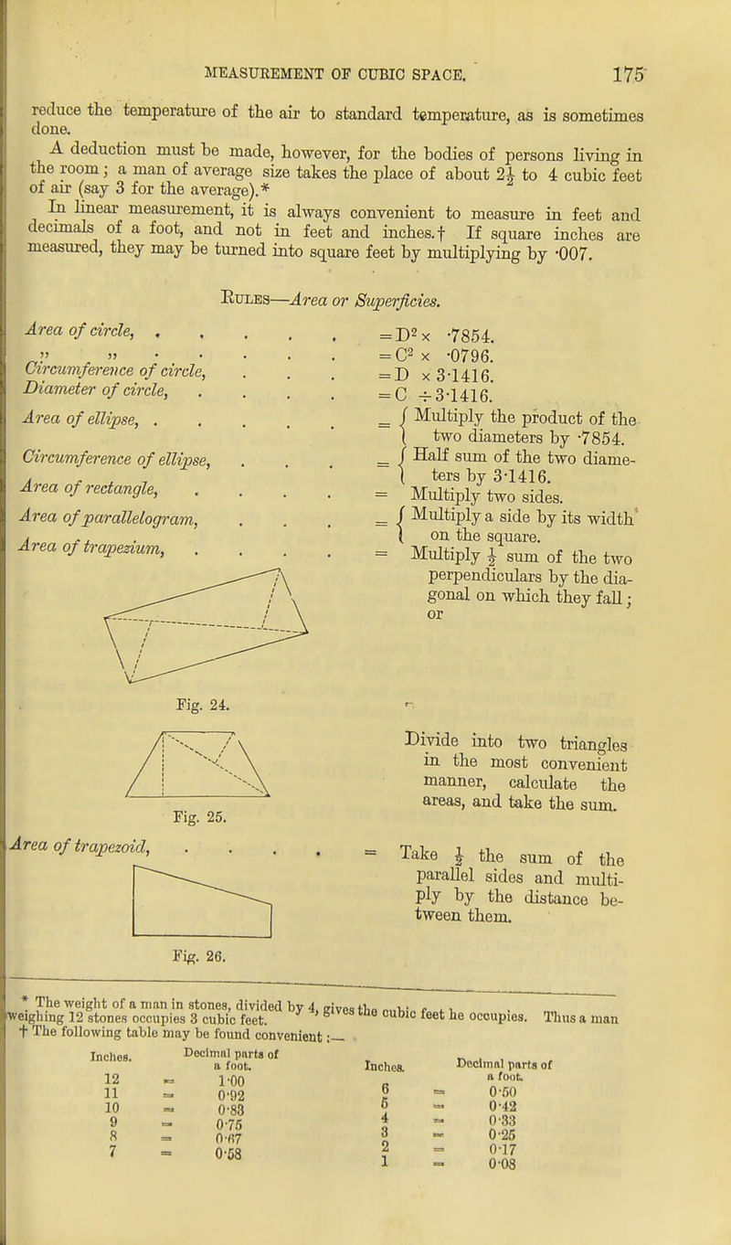 MEASUREMENT OF CUBIC SPACE. 175- reduce the temperature of the air to standard temperature, as is sometimes done. A deduction must be made, however, for the bodies of persons living in the room; a man of average size takes the place of about 2£ to 4 cubic feet of air (say 3 for the average).* In linear measurement, it is always convenient to measure in feet and decimals of a foot, and not in feet and inches, f If square inches are measured, they may be turned into square feet by multiplying by -007. Eules—Area or Superficies. Area of circle, . Circumference of circle, Diameter of circle, Area of ellipse, . Circumference of ellipse, Area of rectangle, Area of parallelogram, Area of trapezium, = D2x -7854. = C2x -0796. = D x 3-1416. = G -=-3-1416. = | Multiply the product of the ( two diameters by -7854. . ( Half sum of the two diame- ' ( ters by 3-1416. Multiply two sides. ( Multiply a side by its width'' ] on the square. Multiply I sum of the two perpendiculars by the dia- gonal on which they fall ; or Fig. 24. Fig. 25. Area of trapezoid, Divide into two triangles in the most convenient manner, calculate the areas, and take the sum. Take £ the sum of the parallel sides and multi- ply by the distance be- tween them. Fig. 26. * The weight of a man in stones, divided by 4, gives tho rmW„ on weighing 12 stones occupies 3 cubic feet. ublc foet he occupies. Thus a man + The following table may be found convenient ;— Inches. Decimal parts of a foot. Inches. 12 « 1-00 11 - 0-92 10 ™ 0-83 9 - 075 8 - 0-fi7 7 = 0-58 6 5 4 3 2 1 Decimal parts of a foot. 0-50 0-42 0-33 0-25 0-17 0-08