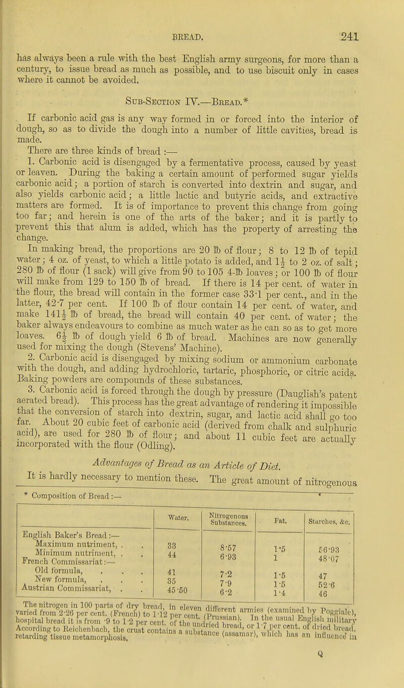 has always been a rule with, the best English army surgeons, for more than a century, to issue bread as much as possible, and to use biscuit only in cases where it cannot be avoided. Sub-Section IV.—Bbead.* If carbonic acid gas is any way formed in or forced into the interior of dough, so as to divide the dough into a number of little cavities, bread is made. There are three kinds of bread :— 1. Carbonic acid is disengaged by a fermentative process, caused by yeast or leaven. During the baking a certain amount of performed sugar yields carbonic acid; a portion of starch is converted into dextrin and sugar, and also yields carbonic acid; a little lactic and butyric acids, and extractive matters are formed. It is of importance to prevent this change from going too far; and herein is one of the arts of the baker; and it is partly to prevent this that alum is added, which has the property of arresting the change. In making bread, the proportions are 20 ft of flour; 8 to 12 ft of tepid water; 4 oz. of yeast, to which a little potato is added, and H to 2 oz. of salt; 280 ft of flour (1 sack) will give from 90 to 105 4-ft loaves; or 100 ft of flour will make from 129 to 150 ft of bread. If there is 14 per cent, of water in the flour, the bread will contain in the former case 334 per cent., and in the latter, 427 per cent. If 100 ft of flour contain 14 per cent, of water, and make 141J ft of bread, the bread will contain 40 per cent, of water; the baker always endeavours to combine as much water as he can so as to get'more loaves. ft of dough yield 6 ft of bread. Machines are now generally used for mixing the dough (Stevens' Machine). 2. Carbonic acid is disengaged by mixing sodium or ammonium carbonate with the dough, and adding hydrochloric, tartaric, phosphoric, or citric acids. Baking powders are compounds of these substances. 3 Carbonic acid is forced through the dough by pressure (Dauglish's patent aerated bread). This process has the great advantage of rendering it impossible that the conversion of starch into dextrin, sugar, and lactic acid shall go too tar About 20 cubic feet of carbonic acid (derived from chalk and sulphuric Z^VT I0i;,28fl° and about 11 ™bic ^t are actually incorporated with the flour (Odling). J Advantages of Bread as an Article of Diet. It is hardly necessary to mention these. The great amount of nitrogenous * Composition of Bread :— ' English Baker's Bread :— Maximum nutriment, . Minimum nutriment, . French Commissariat:— Old formula, New formula, Austrian Commissariat, . Water. 33 44 41 35 45-50 Nitrogenous Substances. Fat. Starches, &c. 8-57 1*5 56*93 6-93 1 48-07 7-2 1-5 47 7-9 1-6 52-6 6-2 1-4 46 The nitrogen in 100 parts of dry bread in el p von A;wn„~ 4. • i I Ti ^ varied from°2-26 per cent. (French) to 112 pe, cent / 'nf (examined by Poggiale), hospital bread it is from -9 to 1-2 per cent aftftiriST^ \ U8Ual*W ^W According to Reichenbach, the crust contain a s,, J,'ead' °™ri|d bread, retardingtissue metamorphosis. SUbstance (^amar), wlucl, has an influence' in