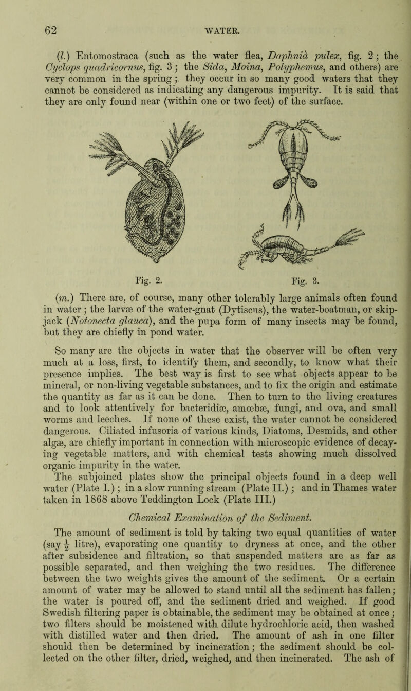 (i.) Entomostraca (such as the water flea, Daphnia pulex, fig. 2; the Cyclops quadricornus, fig. 3; the Sida, Moina, Polyphemus, and others) are very common in the spring ;. they occur in so many good waters that they cannot he considered as indicating any dangerous impurity. It is said that they are only found near (within one or two feet) of the surface. Fig. 2. Fig. 3. (m.) There are, of course, many other tolerably large animals often found in water; the larvae of the water-gnat (Dytiscus), the water-hoatman, or skip- jack (Notonecta glauca), and the pupa form of many insects may he found, but they are chiefly in pond water. So many are the objects in water that the observer will be often very much at a loss, first, to identify them, and secondly, to know what their presence implies. The best way is first to see what objects appear to be mineral, or non-living vegetable substances, and to fix the origin and estimate the quantity as far as it can be done. Then to turn to the living creatures and to look attentively for hacteridiac, amoebae, fungi, and ova, and small worms and leeches. If none of these exist, the water cannot be considered dangerous. Ciliated infusoria of various kinds, Diatoms, Desmids, and other algae, are chiefly important in connection with microscopic evidence of decay- ing vegetable matters, and with chemical tests showing much dissolved organic impurity in the water. The subjoined plates show the principal objects found in a deep well water (Plate I.); in a slow running stream (Plate II.); and in Thames water taken in 1868 above Teddington Lock (Plate III.) Chemical Examination of the Sediment. The amount of sediment is told by taking two equal quantities of water (say-|- litre), evaporating one quantity to dryness at once, and the other after subsidence and filtration, so that suspended matters are as far as possible separated, and then weighing the two residues. The difference between the two weights gives the amount of the sediment. Or a certain amount of water may be allowed to stand until all the sediment has fallen; the water is poured off, and the sediment dried and weighed. If good Swedish filtering paper is obtainable, the sediment may be obtained at once; two filters should be moistened with dilute hydrochloric acid, then washed with distilled water and then dried. The amount of ash in one filter should then be determined by incineration; the sediment should be col- lected on the other filter, dried, weighed, and then incinerated. The ash of