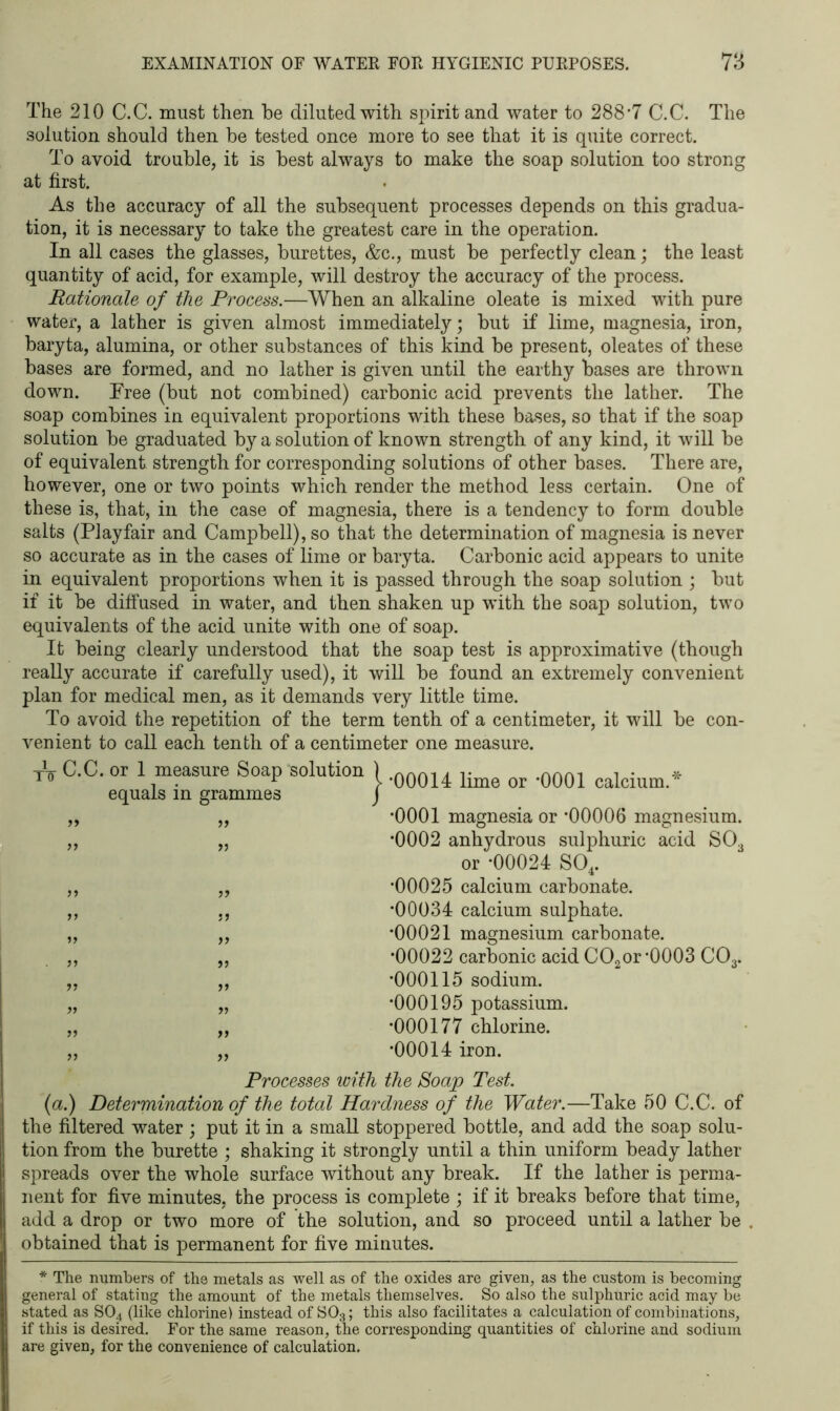 The 210 C.C. must then be diluted with spirit and water to 288*7 C.C. The solution should then be tested once more to see that it is quite correct. To avoid trouble, it is best always to make the soap solution too strong at first. As the accuracy of all the subsequent processes depends on this gradua- tion, it is necessary to take the greatest care in the operation. In all cases the glasses, burettes, &c., must be perfectly clean; the least quantity of acid, for example, will destroy the accuracy of the process. Rationale of the Process.—When an alkaline oleate is mixed with pure water, a lather is given almost immediately; but if lime, magnesia, iron, baryta, alumina, or other substances of this kind be present, oleates of these bases are formed, and no lather is given until the earthy bases are thrown down. Free (but not combined) carbonic acid prevents the lather. The soap combines in equivalent proportions with these bases, so that if the soap solution be graduated by a solution of known strength of any kind, it will be of equivalent strength for corresponding solutions of other bases. There are, however, one or two points which render the method less certain. One of these is, that, in the case of magnesia, there is a tendency to form double salts (Playfair and Campbell), so that the determination of magnesia is never so accurate as in the cases of lime or baryta. Carbonic acid appears to unite in equivalent proportions when it is passed through the soap solution ; but if it be diffused in water, and then shaken up with the soap solution, two equivalents of the acid unite with one of soap. It being clearly understood that the soap test is approximative (though really accurate if carefully used), it will be found an extremely convenient plan for medical men, as it demands very little time. To avoid the repetition of the term tenth of a centimeter, it will be con- venient to call each tenth of a centimeter one measure. A C.C. or 1 measure Soap solution ) ,ooou lime or .0001 calcium * equals in grammes j „ „ *0001 magnesia or *00006 magnesium. „ „ *0002 anhydrous sulphuric acid S03 or *00024 S04. ,, „ *00025 calcium carbonate. ,, ,, *00034 calcium sulphate. „ „ *00021 magnesium carbonate. ,, ,, *00022 carbonic acid C02or *0003 C03. „ ,, *000115 sodium. „ „ *000195 potassium. „ „ *000177 chlorine. „ „ *00014 iron. Processes with the Soap Test. (a.) Determination of the total Hardness of the Water.—Take 50 C.C. of the filtered water ; put it in a small stoppered bottle, and add the soap solu- tion from the burette ; shaking it strongly until a thin uniform beady lather spreads over the whole surface without any break. If the lather is perma- nent for five minutes, the process is complete ; if it breaks before that time, add a drop or two more of the solution, and so proceed until a lather be . obtained that is permanent for five minutes. * The numbers of the metals as well as of the oxides are given, as the custom is becoming general of stating the amount of the metals themselves. So also the sulphuric acid may be stated as S04 (like chlorine) instead of S03; this also facilitates a calculation of combinations, if this is desired. For the same reason, the corresponding quantities of chlorine and sodium are given, for the convenience of calculation.