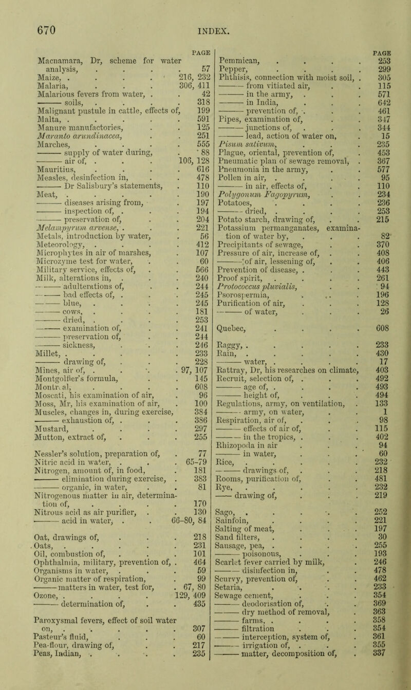 PAGE Macnamara, Dr, scheme for water analysis, 57 Maize, . . . . 216, 232 Malaria, 306, 411 Malarious fevers from water, . 42 soils, 318 Malignant pustule in cattle, effects of, 199 Malta, .... 591 Manure manufactories, 125 Maranto arundinacea, 251 Marches, 555 supply of water during, “88 air of, . 106, 128 Mauritius, 616 Measles, desinfection in, 478 Dr Salisbury’s statements, 110 Meat, .... 190 • diseases arising from, 197 inspection of, . 194 preservation of, 204 Mdampy rum arvense, . 221 Metals, introduction by water, 56 Meteorology, . 412 Microphytes in air of marshes, 107 Microzyme test for water, 60 Military service, effects of. 566 Milk, alterations in, 240 adulterations of, 244 bad effects of, . 245 blue, 245 cows, 181 dried, . 253 examination of. 241 preservation of, 244 sickness, 246 Millet, .... 233 drawing of, 228 Mines, air of, . . 97, 107 Montgolfier’s formula, 145 Montreal, 608 Moscati, his examination of air, 96 Moss, Mr, his examination of air, 100 Muscles, changes in, during exercise. , 384 ■ exhaustion of, . 386 Mustard, 297 Mutton, extract of, 255 Nessler’s solution, preparation of, 77 Nitric acid in water, . . 65-79 Nitrogen, amount of, in food, 181 • elimination during exercise, 383 organic, in water, 81 Nitrogenous matter in air, determina- tion of, 170 Nitrous acid as air purifier, 130 • acid in water, . 66-80, 84 Oat, drawings of. 218 Oats, .... 231 Oil, combustion of, 101 Ophthalmia, military, prevention of, . 464 Organisms in water, 59 Organic matter of respiration, 99 matters in water, test for, . 67, 80 Ozone, .... 129, 409 determination of, 435 Paroxysmal fevers, effect of soil water on, . . . . . 307 Pasteur’s fluid, . . . 60 Pea-flour, drawing of, . . 217 Peas, Indian, .... 235 PAGE Pemmican, .... 253 Pepper, . . . .299 Phthisis, connection with moist soil, . 305 from vitiated air, . . 115 in the army, . . .571 in India, . . . 642 prevention of, . . . 461 Pipes, examination of, . . 347 junctions of, . . 344 lead, action of water on, . 15 Pisum sativum, . . . 235 Plague, oriental, prevention of, . 453 Pneumatic plan of sewage removal, . 367 Pneumonia in the army, . . 577 Pollen in air, . . . 95 in air, effects of, . . 110 Polygonum Fagojpyrum, . . 234 Potatoes, . . . . 236 dried, .... 253 Potato starch, drawing of, . . 215 Potassium permanganates, examina- tion of water by, ... 82 Precipitants of sewage, . . 370 Pressure of air, increase of, . . 408 !of air, lessening of^ . . 406 Prevention of disease, . . . 443 Proof spirit, .... 261 Protococcus pluvialis, . . : 94 Psorospermia, . .. . 196 Purification of air, . . . 128 of water, ... 26 Quebec, .... 608 Baggy, ..... 233 Rain, ..... 430 water, .... 17 Rattray, Dr, his researches on climate, 403 Recruit, selection of, . . . 492 age of, . . . . 493 height of, . . . 494 Regulations, army, on ventilation, . 133 army, on water, . . 1 Respiration, air of, . . 98 effects of air of, . . 115 in the tropics, . . . 402 Rhizopoda in air . . 94 — in water, . . . ' 60 Rice, 232 drawings of, . . 218 Rooms, purification of, . . 481 Rye, 232 drawing of, . . 219 Sago, . . . -. .252 Sainfoin, .... 221 Salting of meat, . . . 197 Sand filters, .... 30 Sausage, pea, .... 255 poisonous, . . . 193 Scarlet fever carried by milk, . 246 disinfection in, . . 478 Scurvy, prevention of, . . 462 Setaria, .... 233 Sewage cement, . . . 354 deodorisation of, . . 369 dry method of removal, . 363 farms, .... 358 filtration . . . 354 interception, system of, . 361 irrigation of, . . . 355 matter, decomposition of, . 337