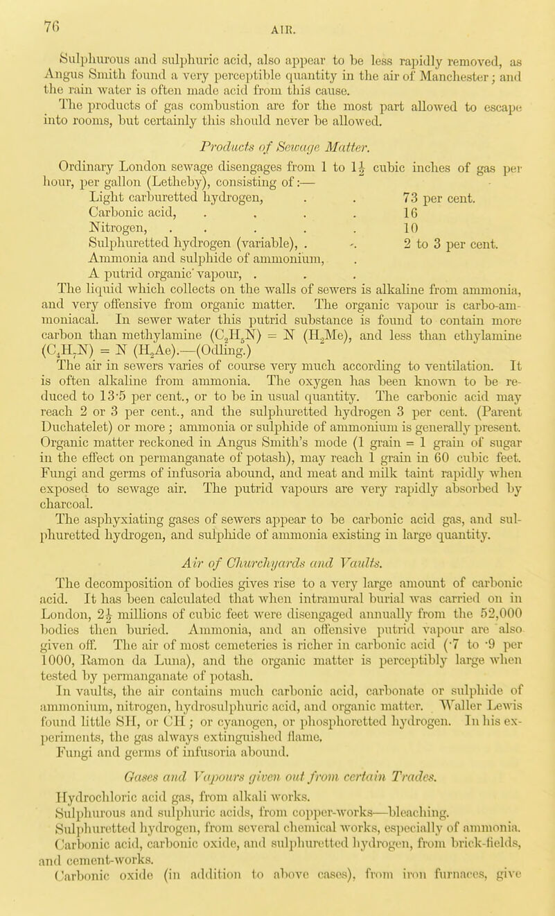 Sulphurous and sulphuric acid, also appear to be less rapidly removed, as Angus Smith found a very perceptible quantity in the air of Manchester; and the rain water is often made acid from this cause. The products of gas combustion are for the most part allowed to escape into rooms, but certaiidy tliis should never be allowed. Products of Setfiir/e Matter. Ordinary London sewage disengages from 1 to 1^ cubic inches of gas pei- hour, per gallon (Letheby), consisting of:— Light carburetted hydrogen, . . 73 per cent. Carbonic acid, . , . . 16 J^itrogen, . . . . . 10 Sulphuretted hydrogen (variable), , -. 2 to 3 per cent. Ammonia and sulphide of ammonium, A putrid organic' vapour, . The liquid which collects on the walls of sewers is alkaline from ammonia, and very offensive from organic matter. The organic vapoiu- is carbo-am- moniacal. In sewer water this putrid substance is found to contain more carbon than methylamine (CjIlsN) = IST (H^Me), and less than ethylamine (C,H,N) = 1^ (H^Ae).—(OdUng.) The air in sewers varies of coiu-se very much according to ventilation. It is often alkaline from ammonia. The oxygen has been known to be re- duced to 13'5 per cent., or to be in usual quantity. The carbonic acid may reach 2 or 3 per cent., and the sulphiu'etted hydrogen 3 per cent. (Parent Duchatelet) or more ; ammonia or sulphide of ammonium is generally present. Organic matter reckoned in Angus Smith's mode (1 grain = 1 grain of sugar in the effect on i)ermanganate of potash), may reach 1 grain in 60 cubic feet. Fungi and germs of infusoria abound, and meat and milk taint rapidly when exposed to sewage air. The putrid vapoiu's are very rapidly absorbed by charcoal. The asphyxiating gases of sewers appear to be carbonic acid gas, and sul- phuretted hydrogen, and sulphide of ammonia existing in large quantity. Air of Cliurcliyards and Vaidf^. The decomposition of bodies gives rise to a very large amount of carbonic acid. It has been calculated that Avhen intramural burial Avas carried on in London, 2^ millions of cubic feet were disengaged annually from the 52,000 bodies then buried. Ammonia, and an offensive putrid A'ajiour are also given off. The air of most cemeteries is richer in carbonic acid (7 to 9 per iOOO, Ramon da Luna), and the organic matter is perceptibly large when tested by permanganate of potash. In vaults, the au- contains much carbonic acid, carbonate or sulphide of ammonium, nitrogen, hydrosulphuric acid, and organic matter. Waller I^ewis found little SJI, or ClI; or cyanogen, or phosphoretted hydrogen. In his ex- periments, the gas always extinguished flame. Fungi and germs of infusoria abound. Gases and Vajyours given out from certain Trades. Hydrochloric acid gas, from alkali works. Sulphurous and sulphuric acids, from copper-works—bleaching. Sidphuretted hydrogen, from several chemical Avorks, especially of ammonia. Carbonic acid, carbonic oxide, and sulphuretted hydrogen, from brick-fields, and cement-Avorks. Carbonic oxide (in addition to above cases), from iron furnare.s, giA'c