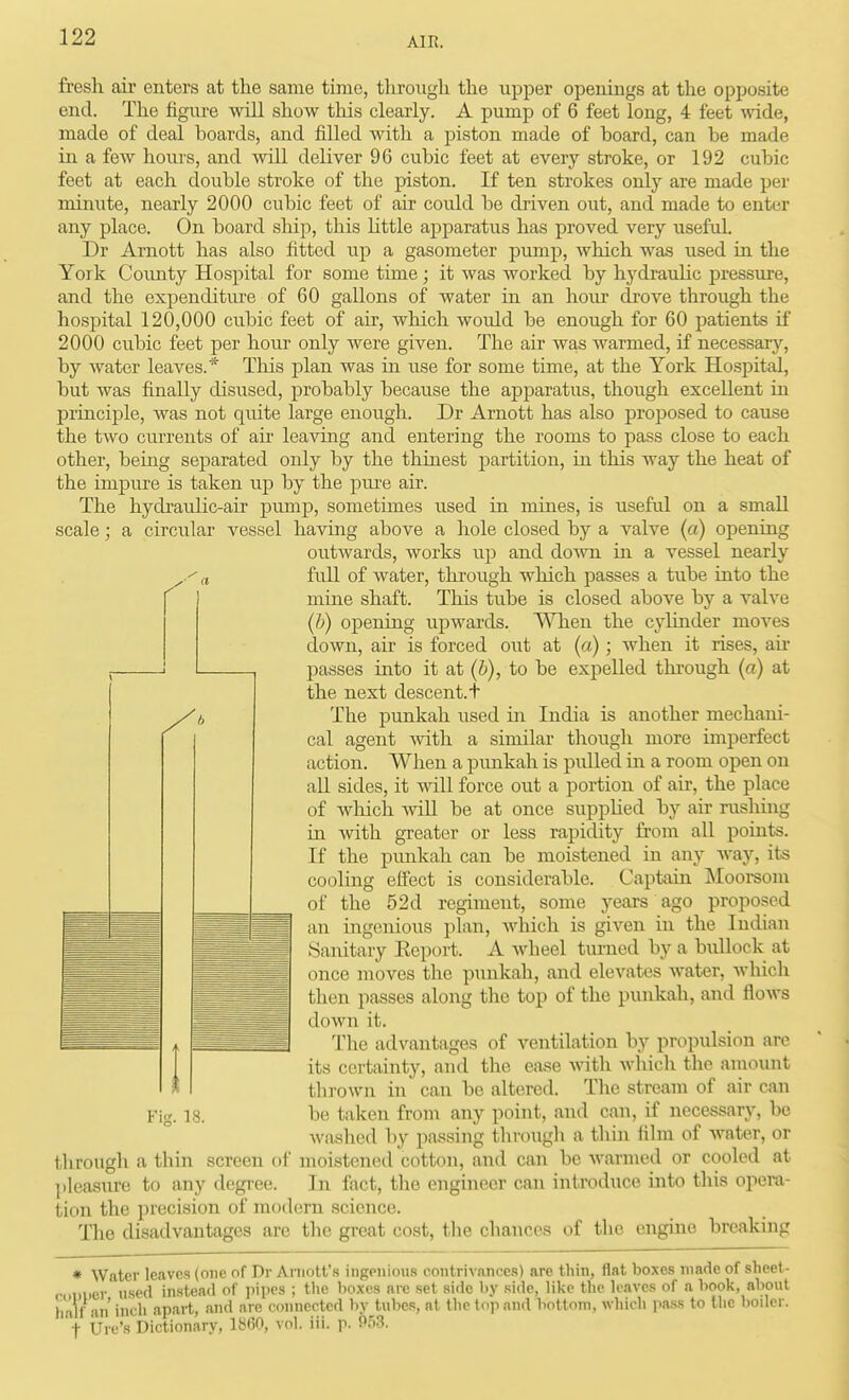 fresh air enters at the same time, through the upper openings at the opposite end. The figure will show this clearly. A pump of 6 feet long, 4 feet wide, made of deal boards, and filled with a piston made of board, can be made in a few hours, and will deliver 96 cubic feet at every stroke, or 192 cubic feet at each double stroke of the piston. If ten strokes only are made per minute, nearly 2000 cubic feet of air could be driven out, and made to enter any place. On board sliip, this httle apparatus has proved very useful. Dr Arnott has also fitted up a gasometer pump, Avhich was used in the York County Hospital for some time; it was worked by hydraulic pressure, and the expenditure of 60 gallons of water in an hour drove through the hospital 120,000 cubic feet of air, wliich woidd be enough for 60 patients if 2000 cubic feet per hour only were given. The air was warmed, if necessary, by water leaves.* Tliis plan was in use for some time, at the York Hospital, but was finally disused, probably because the apjDaratus, though excellent in principle, was not quite large enough. Dr Arnott has also proposed to cause the two currents of ah leaving and entering the rooms to pass close to each other, being separated only by the thiaest partition, in this way the heat of the impure is taken up by the pru-e air. The hydraulic-air pump, sometimes used in niiues, is useful on a small scale; a circular vessel having above a hole closed by a valve (a) opening outwards, works up and down m a vessel nearly full of water, through which passes a tube hito the mine shaft. This tube is closed above by a valve (6) opening upwards. When the cyhnder moves down, air is forced out at (a); when it rises, air passes into it at (Jj), to be expelled through (a) at the next descent.t The punkah used in India is another mechani- cal agent with a similar though more imperfect action. When a pimkah is pulled m a room open on all sides, it will force out a portion of air, the place of which will be at once suppUed by air rushing in with greater or less rapidity from all points. If the pimkah can be moistened in any way, its cooling effect is considerable. Captam ]\Ioorsom of the 52d regiment, some years ago proposed an ingenious plan, which is given in the Indian Sanitary Eeport. A wbeel turned by a bullock at once moves the punkah, and elevates water, Avhich then passes along the top of the punkah, and flows down it. The advantages of ventilation by propulsion arc its certainty, and the ease with which the amount thrown in can be altered. The stream of air can be taken from any point, and can, if necessary, be washed by passing through a thm film of Avater, or through a thin screen of moistened cotton, and can be warmed or cooled at ])leasure to any degree. In fact, the engineer can introduce into this opera- tion the precision of modern science. The disadvantages are the great cost, the chances of the engine breaking Fiff. 18. • Water leaves (one of Dr Aniott's ingenious contrivances) are thin, flat boxes made of sheet- romier used instead of pipes ; tlie boxes are set side by side, like the leaves of a book, about hall an inch apart, and are connected by tubes, at the top .and bottom, which yvass to the boiler, 'f Urc's Dictionary, 1860, vol. iii. p. 953.