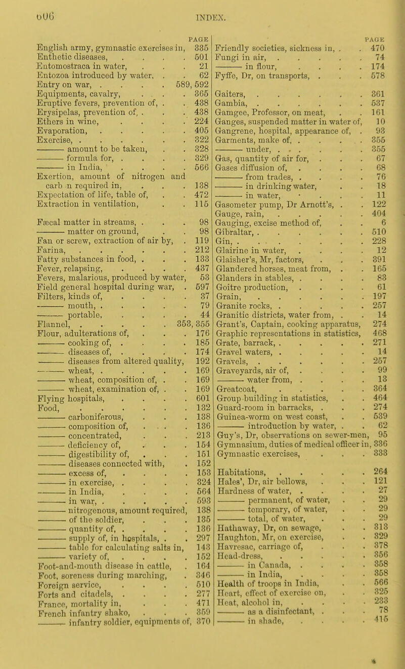 oU6 PAGE 335 501 21 62 592 865 438 438 224 405 322 328 329 566 138 472 115 98 98 119 212 133 437 53 597 37 79 44 English army, gymnastic exercises in, Enthetic diseases, Eutomostraca in water, Entozoa introduced by water. Entry on war, .... 589. Equipments, cavalry. Eruptive fevers, prevention of. Erysipelas, prevention of, . Ethers in wine. Evaporation, Exercise, .... • amount to be taken, formula for, . in India, Exertion, amount of nitrogen and carb n required in, Expectation of life, table of. Extraction in ventilation, Faecal matter in streams, . matter on ground. Fan or screw, extraction of air by, Farina, .... Fatty substances in food, . Fever, relapsing. Fevers, malarious, produced by water, Field general hospital during war, . Filters, kinds of, ... . mouth, ..... portable, .... Flannel, 358,855 Flour, adulterations of, . . . 176 cooking of, . . . . 185 diseases of, . . . .174 diseases from altered quality, 192 wheat 169 wheat, composition of, . . 169 wheat, examination of, . .169 Flying hospitals, .... 601 Food, 132 carboniferous, . . . 138 composition of, . . . 136 concentrated, . . . 213 deficieucy of, ... 154 digestibility of, . . .151 diseases connected with, . 152 excess of, ... . 158 in exercise, .... 324 in India 564 • in war, 593 nitrogenous, amount required, 138 of the soldier, . . .185 quantity of, . . . . 186 supply of, in haspitals, . . 297 table for calculating salts in, 148 variety of, . . . .152 Foot-and-mouth disease in cattle, . 164 Foot, soreness during marching, . 346 Foreign service, .... 510 Forts and citadels 277 France, mortality in, ... 471 French infantry shako, . . . 359 infantry soldier, equipments of, 370 Friendly societies, sickness in. Fungi in air, in flour. Fyflfe, Dr, on transports. Gaiters, Gambia, . Gamgee, Professor, on meat, Ganges, suspended matter in water of, Gangrene, hospital, appearance of, Garments, make of, . under, Gas, quantity of air for, Gases diffusion of, from trades, . in drinking water, in water, Gasometer pump, Dr Arnott's, Gauge, rain. Gauging, excise method of, Gibraltar, .... Gin Glairine in water, Glaisher's, Mr, factors, Glandered horses, meat from, . Glanders in stables, . Goitre production, Grain, ..... Granite rocks, .... Granitic districts, water from, . Grant's, Captain, cooking apparatus. Graphic representations in statistics, Grate, barrack, .... Gravel waters, .... Gravels, ..... Graveyards, air of, . water from, . Greatcoat, .... Group building in statistics. Guard-room in barracks, . Guinea-worm on west coast, introduction by water. Guy's, Dr, observations on sewer-men, Gymnasium, duties of medical oflacer in, 386 Gymnastic exercises, . . Habitations, Hales', Dr, air bellows. Hardness of water, . permanent, of water, temporary, of water, total, of water, Hathaway, Dr, on sewage, Haughton, Mr, on exercise, Havresac, carriage of, Head-dress, in Canada, . in India, Health of troops in India, Heart, effect of exercise on. Heat, alcohol in, as a disinfectant, . in shade. «