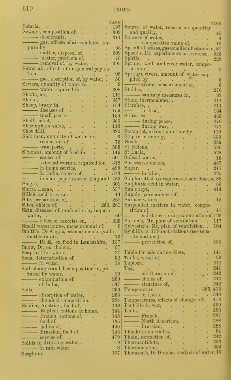 PAGE Setaria, 197 Sewage, composition of, . . . 309 deodorants, .... 314 gas, effects of air rendered im- pure by, 93 matter, disposal of, . . 30Q matter, products of, . . 76 removal of, by water, . . 305 Sewer air, effects of on general popula- tion, 95 gas, absorption of, by water, . 60 Sewers, quantity of water for, . . 2 water required for, . . 308 Shafts, air, 112 Shako, ...... 857 Sheep, braxy in, . . . .164 diseases of, . . . . 159 small-pox in, . . .164 Shell-jacket, 860 Sheringham valve, . . . .113 Shot drill, 320 Sick men, quantity of water for, . 3 rooms, air of, . . .73 transports, .... 585 Sickness, amount of food in, . . 149 causes of, . . . . 501 external warmth required for, 318 in home service, . . 498 in India, causes of, . . 573 in male population of England, 469 Sieges, 601 Sierra Leone, 637 Silicic acid in water, ... 14 Site, preparation of, . . . . 262 Sites, choice of, ... 260, 261 Skin, diseases of, production by impure water, 60 effect of exercise on, . . 325 Small watercourse, measurement of, 6 Smith's, Dr Angus, estimation of organic matter in air, .... 73 Dr E., on food in Lancashire, 137 Snow, Dr, on cholera, . • .57 Soap test for water, .... 27 Soda, determination of, . . 32 in water, .... 14 Soil, changes and decomposition in, pro- duced by water, .... 10 examination of, . . . 259 of India, .... 547 Soils 250 absorption of water, . . 253 chemical composition, . . 254 Soldier, Austrian, food of, . . 148 English, rations at homo, . 144 French, rations of, . . 145 food of, . . .135 habits of, ... . 490 Prussian, food of, . . 146 service of, . . 479 Solids in drinking water. ... 19 in rain water, ... 8 Sorghum, 197 PAGE Source of water, reports on quantity and quality 45 Sources of water, .... 4 comparative value of, . . 10 Specific diseases, gaseous disinfectants in, 81 Speck's, Dr, experiments on exercise, 323 Spirits, 228 Spring, well, and river water, compo- sition of, . . . . , 9 Springs, rivers, amount of water sup- plied by 5 rivers, measurement of, . 6 Stables, 276 sanitary measures in, . . 83 Stand thermometer, . . . .411 Starches, 211 in food, .... 134 Statistics, 463 diiring peace, . . . 476 during war, . . . .477 Steam jet, extraction of air by, . 119 Step in marching, .... 339 Stock, 359 St Helena, 536 St Lucia, 528 Subsoil water, . . . .15 Successive means, .... 467 Sugar, 211 in wine, . . ^ . . 225 Sulphuretted hydrogen as cause of disease, 88 Sulphuric acid in water, ... 33 Sun's rays, 414 Supply, permanence of, . . . 7 Surface waters, .... 16 Suspended matters in water, compo- sition of, .... 11 substancesin air, examination of, 129 Sutton's, Mr, plan of ventilation, . 117 Sylvester's, Mr, plan of ventilation, . 104 Syphilis at different station.s (see sepa- rate stations). prevention of, . . . 450 Table for calculating diets. Tanks, water of. Tapioca, Tea, . • . . adulteration of, choice of, structure of, Temperature, of India, Temperatures, effects of changes of. Tent life in war. Tents, French, North American, Prussian, Tliackrali on trades, Thcin, extraction of, Thermantidoto, Tlicrmomcters, Tlionison's, Dr IHindas, analysis of water, 13 . 141 . 39 . 212 . 241 . . 242 . 242 . 242 385, 413 . 548 41G 590 286 287 288 288 84 242 283 384