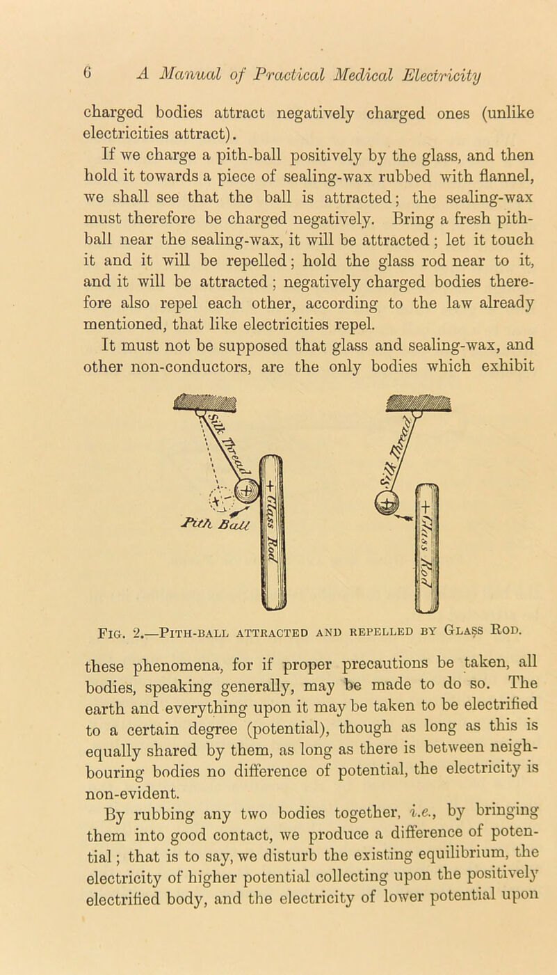 charged bodies attract negatively charged ones (unlike electricities attract). If we charge a pith-ball positively by the glass, and then hold it towards a piece of sealing-wax rubbed with flannel, we shall see that the ball is attracted; the sealing-wax must therefore be charged negatively. Bring a fresh pith- ball near the sealing-wax, it will be attracted; let it touch it and it will be repelled; hold the glass rod near to it, and it will be attracted; negatively charged bodies there- fore also repel each other, according to the law already mentioned, that like electricities repel. It must not be supposed that glass and sealing-wax, and other non-conductors, are the only bodies which exhibit Fig. 2.—Pith-ball attracted and repelled by Glass Rod. these phenomena, for if proper precautions be taken, all bodies, speaking generally, may be made to do so. The earth and everything upon it may be taken to be electrified to a certain degree (potential), though as long as this is equally shared by them, as long as there is between neigh- bouring bodies no difference of potential, the electricity is non-evident. By rubbing any two bodies together, i.e., by bringing them into good contact, we produce a difference of poten- tial ; that is to say, we disturb the existing equilibrium, the electricity of higher potential collecting upon the positively electrified body, and the electricity of lower potential upon