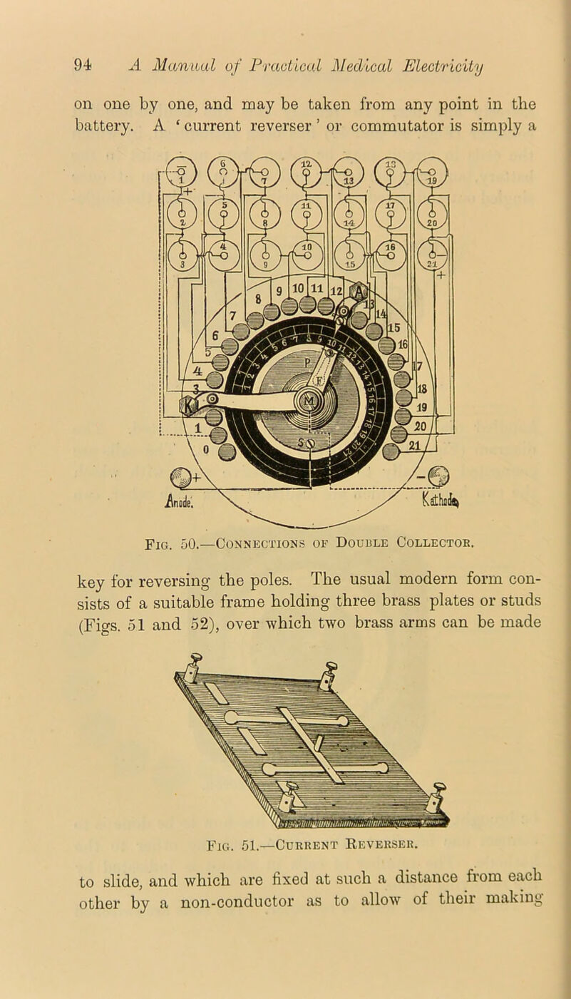 on one by one, and may be taken from any point in the battery. A ‘ current reverser ’ or commutator is simply a Fig. 50.—Connections of Double Collectok. key for reversing the poles. The usual modern form con- sists of a suitable frame holding three brass plates or studs (Figs. 51 and 52), over which two brass arms can be made Fig. 51.—Curuent Eevekser. to slide, and which are fixed at such a distance from each other by a non-conductor as to allow of their making