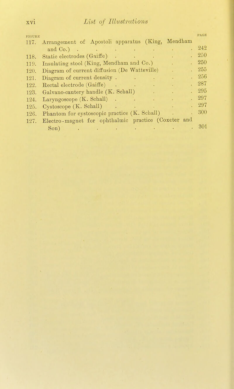 KKJUUIi PAGE 117. Arrangement or Apostoli apparatus (^ivingj luenanam and Oo.) ....... 118. Static electrodes (^Iraiire; ..... 11!). Insulating stool (King, Mendham and Co.) 120. Uiagrana oi cunenu ainusion ^ue vvditevme^ 255 121. Diagram of current density . . . . • 256 122. Rectal electrode ((xaitte) . . . • • 987 123. G-alvano-cautery handle (K. bcnallJ iZ4. jjaiyngoscope t^iv. ocudiiy , . . . ■ 297 125. Cystoscope (K. Schall) . . . . • 297 126. Phantom for cystoscopic practice (K. Scball) 300 127. Electro-magnet for ophthalmic practice (Coxeter and Son) 301