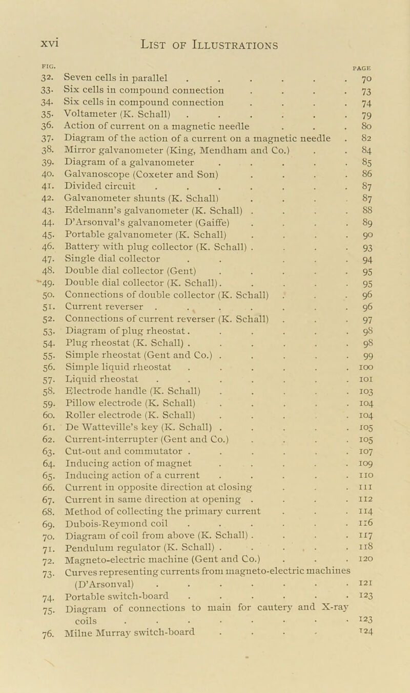 FIG. PAGE 32. Seven cells in parallel . . . . . • 70 33. Six cells in compound connection . . . -73 34. Six cells in compound connection . . . -74 35. Voltameter (K. Scliall) . . . . . -79 36. Action of current on a magnetic needle . . .80 37. Diagram of the action of a current on a magnetic needle . 82 38. Mirror galvanometer (King, Mendham and Co.) . . 84 39. Diagram of a galvanometer . . . . -85 40. Galvanoscope (Coxeter and Son) . . . .86 41. Divided circuit . . . . . . -87 42. Galvanometer shunts (K. Schall) . . . 87 43. Edelmann’s galvanometer (K. Schall) . . . .88 44. D’Arsonval’s galvanometer (Gaiffe) . . . -89 45. Portable galvanometer (K. Schall) . . . • 9° 46. Battery with plug collector (K. Schall) . . . -93 47. Single dial collector . . ... 94 48. Double dial collector (Gent) . . . . -95 ■“49. Double dial collector (K. Schall). . . . -95 50. Connections of double collector (K. Schall) . . -9^ 51. Current reverser . . , . . . . -96 52. Connections of current reverser (K. Schall) . . -97 53. Diagram of plug rheostat. . . . . -98 54. Plug rheostat (K. Schall) . . . . . -98 55. Simple rheostat (Gent and Co.) . . . . -99 56. Simple liquid rheostat ...... 100 57. Liquid rheostat ....... loi 58. Electrode handle (K. Schall) ..... 103 59. Pillow electrode (K. Schall) ..... 104 60. Roller electrode (K. Schall) ..... 104 61. De Watteville’s key (K. Schall) ..... 105 62. Current-interrupter (Gent and Co.) .... 105 63. Cut-out and commutator ...... 107 64. Inducing action of magnet ..... 109 65. Inducing action of a current . . . . .110 66. Current in opposite direction at closing . . .111 67. Current in same direction at opening . . . .112 68. Method of collecting the primar}' current . . .114 69. Dubois-Re3'mond coil . . . . . .116 70. Diagram of coil from above (K. Schall) . . . . 117 71. Pendulum regulator (K. Schall) . . ... .118 72. Magneto-electric machine (Gent and Co.) . . . 120 73. Curves representing currents from magneto-electric machines (D’Arson val) . . . • • • .121 74. Portable switch-board . . . . • *123 75. Diagram of connections to main for cautery and X-ray coils 123 76. Milne Murray switch-board .... T24