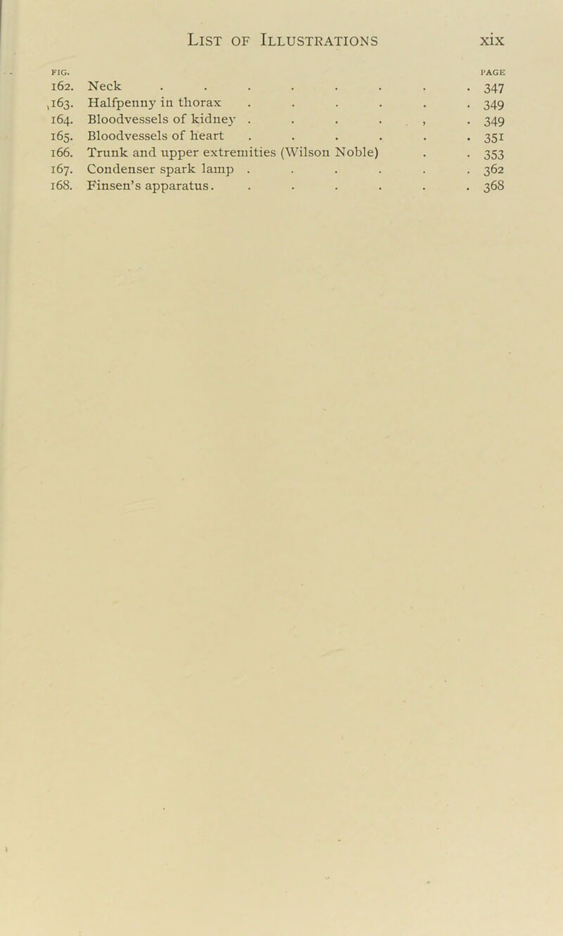 FIG. FACE 162. Neck ........ 347 ^63. Halfpenny in thorax ...... 349 164. Bloodvessels of kidney ...... 349 165. Bloodvessels of heart . . . . . *351 166. Trunk and upper extremities (Wilson Noble) . . 353 167. Condenser spark lamp ...... 362 168. Finsen’s apparatus. ...... 36S