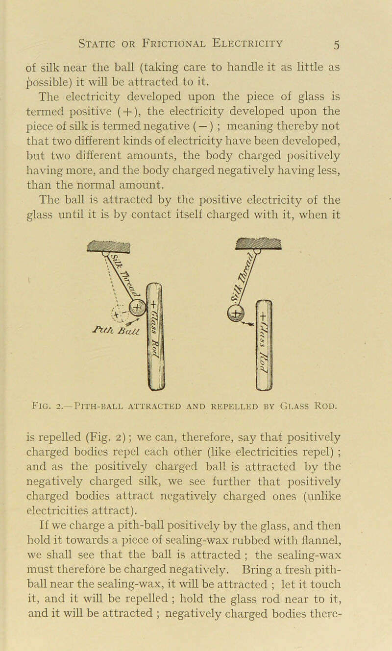 of silk near the ball (taking care to handle it as little as possible) it will be attracted to it. The electricity developed upon the piece of glass is termed positive ( + ), the electricity developed upon the piece of silk is termed negative (—) ; meaning thereby not that two different kinds of electricity have been developed, but two different amounts, the body charged positively having more, and the body charged negatively having less, than the normal amount. The ball is attracted by the positive electricity of the glass until it is by contact itself charged with it, when it Fig. 2.—Pith-ball attracted and repelled by Glass Rod. is repelled (Fig. 2); we can, therefore, say that positively charged bodies repel each other (like electricities repel) ; and as the positively charged ball is attracted by the negatively charged silk, we see further that positively charged bodies attract negatively charged ones (unlike electricities attract). If we charge a pith-ball positively by the glass, and then hold it towards a piece of sealing-wax rubbed with flannel, we shall see that the ball is attracted ; the sealing-wax must therefore be charged negatively. Bring a fresh pith- ball near the sealing-wax, it will be attracted ; let it touch it, and it will be repelled ; hold the glass rod near to it, and it wiU be attracted ; negatively charged bodies there-