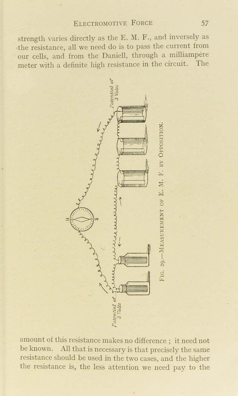 strength varies directly as the E. M. F... and inversely as 'the resistance, all we need do is to pass the current from our cells, and from the Daniell, through a milliampere meter with a definite high resistance in the circuit. The amount of this resistance makes no difference ; it need not be known. All that is necessary is that precisely the same resistance should be used in the two cases, and the higher the resistance is, the less attention we need pay to the