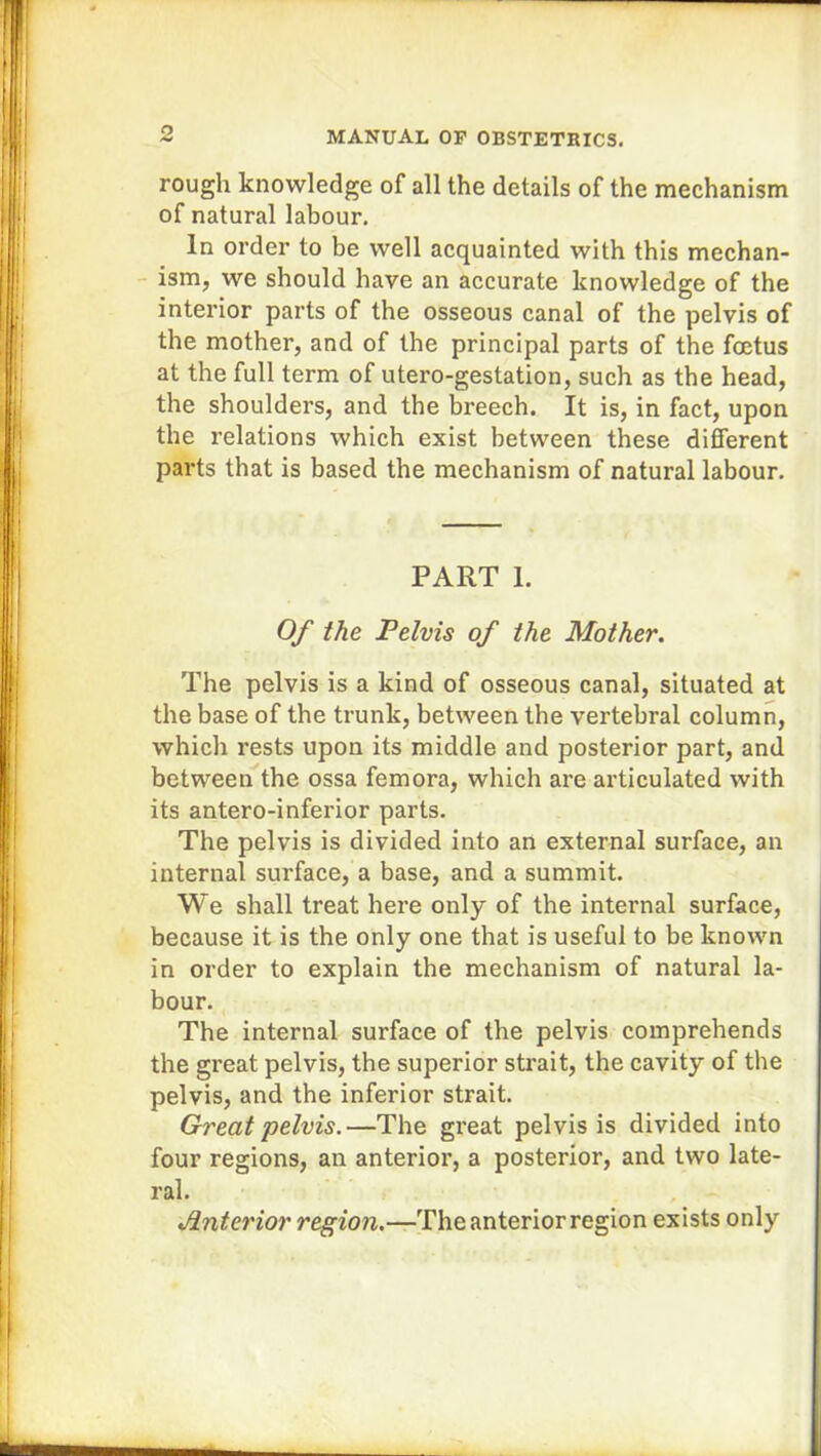 o rough knowledge of all the details of the mechanism of natural labour. In order to be well acquainted with this mechan- ism, we should have an accurate knowledge of the interior parts of the osseous canal of the pelvis of the mother, and of the principal parts of the foetus at the full term of utero-gestation, such as the head, the shoulders, and the breech. It is, in fact, upon the relations which exist between these different parts that is based the mechanism of natural labour. PART I. Of the Pelvis of the Mother. The pelvis is a kind of osseous canal, situated at the base of the trunk, between the vertebral column, which rests upon its middle and posterior part, and between the ossa femora, which are articulated with its antero-inferior parts. The pelvis is divided into an external surface, an internal surface, a base, and a summit. We shall treat here only of the internal surface, because it is the only one that is useful to be known in order to explain the mechanism of natural la- bour. The internal surface of the pelvis comprehends the great pelvis, the superior strait, the cavity of the pelvis, and the inferior strait. Great pelvis.—The great pelvis is divided into four regions, an anterior, a posterior, and two late- ral. Anterior region.—The anterior region exists only