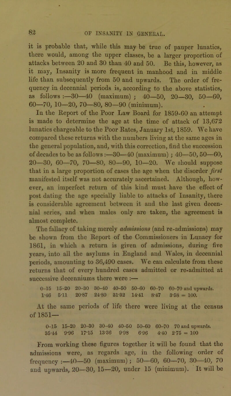 it is probable that, while this may be true of pauper lunatics, there would, among the upper classes, be a larger proportion of attacks between 20 and 30 than 40 and 50. Be this, however, as it may, Insanity is more frequent in manhood and in middle life than subsequently from 50 and upwards. The order of fre- quency in decennial periods is, according to the above statistics, as follows :—30—40 (maximum) ; 40—50, 20—30, 50—GO, 60—70, 10—20, 70—80, 80—90 (minimum). In the Report of the Poor Law Board for 1859-G0 an attempt is made to determine the age at the time of attack of 13,672 lunatics chargeable to the Poor Rates, January 1st, 1859. We have compared these returns with the numbers living at the same ages in the general population, and, with this correction, find the succession of decades to be as follows :—30—40 (maximum) ; 40—50, 50—GO, 20—30, GO—70, 70—80, 80—90, 10—20. We should suppose that in a large proportion of cases the age when the disorder first manifested itself was not accurately ascertained. Although, how- ever, an imperfect return of this kind must have the effect of post dating the age specially liable to attacks of Insanity, there is considerable agreement between it and the last given decen- nial series, and when males only are taken, the agreement is almost complete. The fallacy of taking merely admissions (and re-admissions) may be shown from the Report of the Commissioners in Lunacy for 18G1, in which a return is given of admissions, during five years, into all the asylums in England and Wales, in decennial periods, amounting to 36,490 cases. We can calculate from these returns that of every hundred cases admitted or re-admitted at successive decenniums there were :— 0- 15 15-20 20-30 30-40 40-50 50-60 60-70 60-70 and upwards. 1- 46 5-11 20 87 24-80 31-32 14'41 8'47 3-58 = 100. At the same periods of life there ivere living at the census of 1851— 0-15 15-20 20-30 30-40 40-50 50-60 60-70 70 and upwards. 35-44 9-96 17'15 1336 998 696 4-40 275 = 100 From working these figures together it will be found that the admissions were, as regards age, in the following order of frequency :—40—50 (maximum); 50—60, 60—70, 30—40, 70 and upwards, 20—30, 15—20, under 15 (minimum). It will be