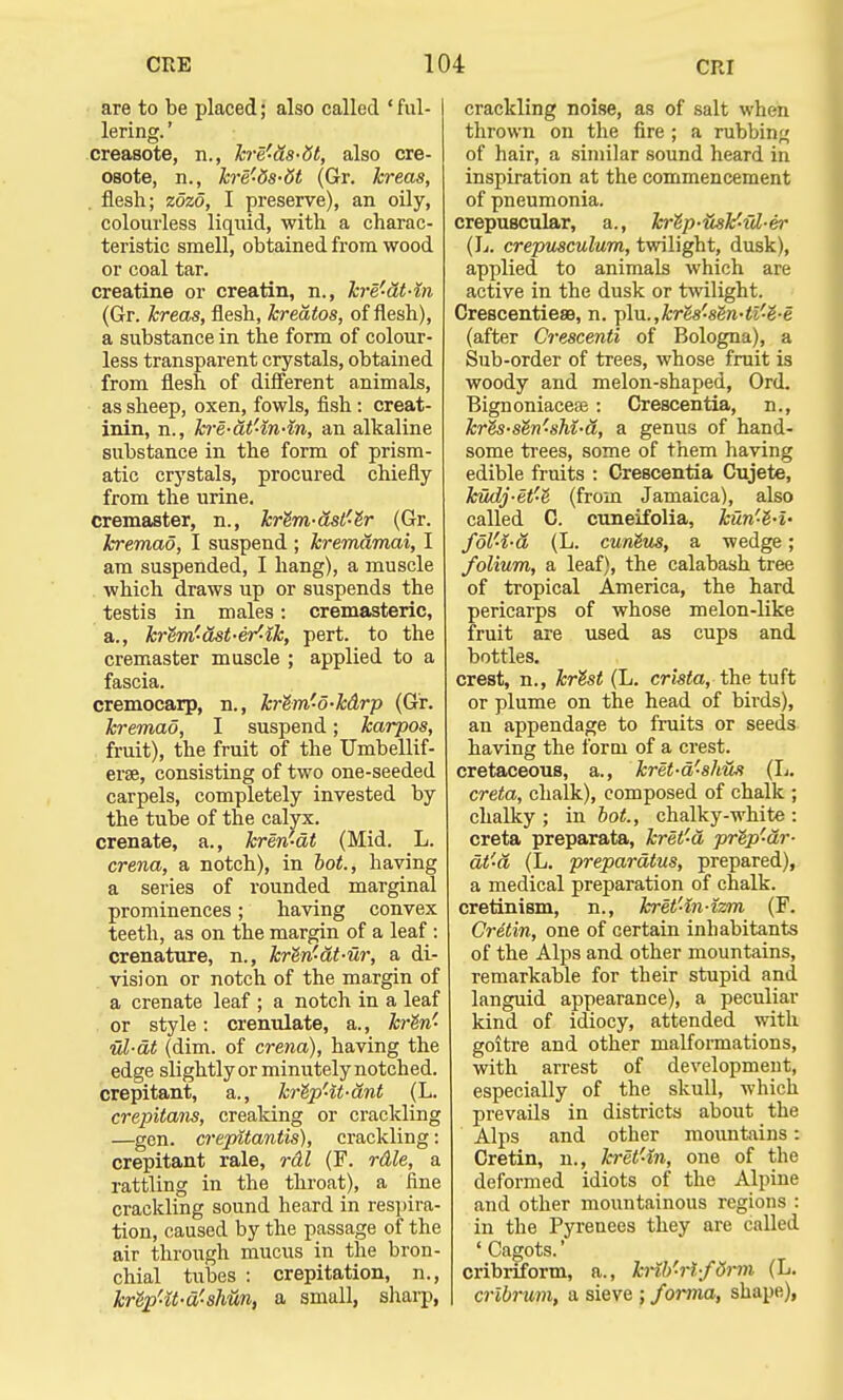 are to be placed; also called ' ful- lering. ' creaBOte, n., kre'da-dt, also cre- osote, n., kre'5a-6t (Gr. kreaa, flesh; zozo, I preserve), an oily, colourless liquid, with a charac- teristic smell, obtained from wood or coal tar. creatine or creatin, n., kre'-dt-m (Gr. kreaa, flesh, kredtoa, of flesh), a substance in the form of colour- less transparent crystals, obtained from flesh of different animals, as sheep, oxen, fowls, fish : creat- inin, n., kre-dt'-in-in, an alkaline substance in the form of prism- atic crystals, procured chiefly from the urine. cremaster, n., krtm-dst'-^r (Gr. kremao, I suspend ; kremdmai, I am suspended, I hang), a muscle which draws up or suspends the testis in males: cremasteric, a., kre'm'-dst-er'-ik, pert, to the cremaster muscle ; applied to a fascia. cremocarp, n., kr'&m'o-kdrp (Gr. kremao, I suspend; karpos, fruit), the fruit of the Umbellif- erse, consisting of two one-seeded carpels, completely invested by the tube of the calyx. crenate, a., kren-dt (Mid. L. crena, a notch), in hot., having a series of rounded marginal prominences; having convex teeth, as on the margin of a leaf : crenature, n., kr&n-dt-ur, a di- vision or notch of the margin of a crenate leaf ; a notch in a leaf or style: crenulate, a., krln'- ul-dt (dim. of crena), having the edge slightly or minutely notched. crepitant, a., krep'-it-dnt (L. crepitans, creaking or crackling —gen. crepitantia), crackling: crepitant rale, rdl (F. rdle, a rattling in the throat), a fine crackling sound heard in respira- tion, caused by the passage of the air through mucus in the bron- chial tubes : crepitation, n., kr&p'-U-d'-aMm, a small, sharp, crackling noise, as of salt when thrown on the fire ; a rubbing of hair, a similar sound heard in inspiration at the commencement of pneumonia. crepuscular, a., kre'p-icak'-i'd-er (L. crepuaculum, twilight, dusk), applied to animals which are active in the dusk or twilight. CrescentieaB, n. ■plu.,krea-8Sn4if-&-e (after Creacenti of Bologna), a Sub-order of trees, whose fruit is woody and melon-shaped, Ord. Bignoniacese: Crescentia, n., krts-atn'aM-d, a genus of hand- some trees, some of them having edible fruits : Crescentia Cujete, kudj-et-e (from Jamaica), also called C. cuneifolia, kun'-t-i- fol'-l-d (L. cuntus, a wedge; folium, a leaf), the calabash tree of tropical America, the hard pericarps of whose melon-like fruit are used as cups and bottles. crest, n., kr&st (L. crista, the tuft or plume on the head of birds), an appendage to fruits or seeds having the form of a crest. cretaceous, a., kret-d'-shus (L. creta, chalk), composed of chalk ; chalky ; in hot., chalky-white : creta preparata, kret'-d prtp'-dr- dt'-d (L. preparatus, prepared), a medical preparation of chalk. cretinism, n., kret'in-izm (F. Cretin, one of certain inhabitants of the Alps and other mountains, remarkable for their stupid and languid appearance), a peculiar kind of idiocy, attended with goitre and other malformations, with arrest of development, especially of the skull, which prevails in districts about the Alps and other mountains: Cretin, n., kret'in, one of the deformed idiots of the Alpine and other mountainous regions : in the Pyrenees they are called 'Cagots.' cribriform, a., krib'-rlfb'rm (L. crlbrum, a sieve ; forma, shape),