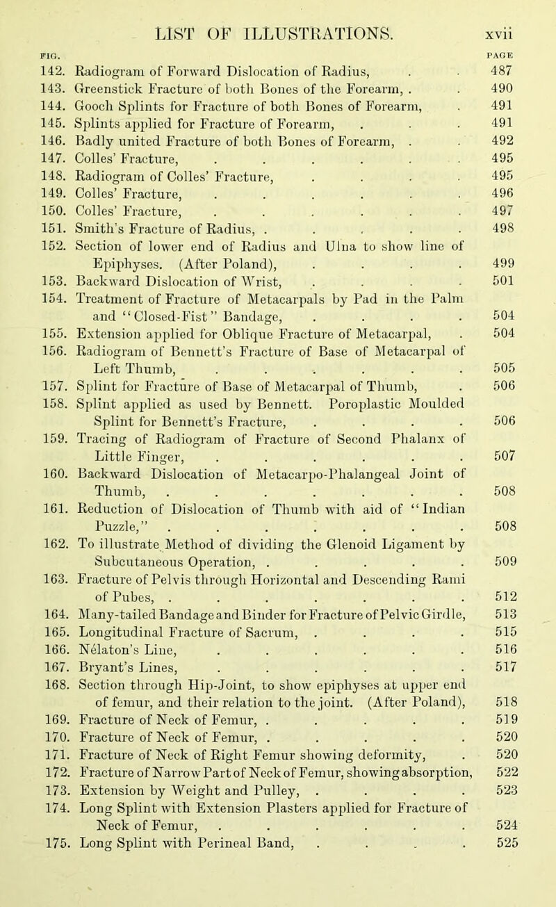 FIG. PAGE 142. Radiogram of Forward Dislocation of Radius, . 487 143. Greenstick Fracture of botli Bones of tlie F’orearm, . . 490 144. Goocli Splints for Fracture of both Bones of Forearm, . 491 145. Splints applied for Fracture of Forearm, . . • 491 146. Badly united Fracture of both Bones of Forearm, . 492 147. Colles’ Fracture, ...... 495 148. Radiogram of Colies’ Fracture, .... 495 149. Colles’ Fracture, ...... 496 150. Colles’ F’racture, ...... 497 151. Smith's Fracture of Radius, ..... 498 152. Section of lower end of Radius and Ulna to show line of Epiphyses. (After Poland), .... 499 153. Backward Dislocation of Wrist, .... 501 154. Treatment of Fracture of Metacarpals by Pad in the Palm and “ Closed-Fist ” Bandage, .... 504 155. Extension applied for Oblique Fracture of Metacarpal, . 504 156. Radiogram of Bennett’s Fracture of Base of Metacarpal of Left Thumb, ...... 505 157. Splint for Fracture of Base of Metacaiqial of Thumb, . 506 158. Splint ajiplied as used by Bennett. Poroplastic Moulded Splint for Bennett’s Fracture, .... 506 159. Tracing of Radiogram of Fracture of Second Phalanx of Little Finger, ...... 507 160. Backward Dislocation of Metacarpo-Phalangeal Joint of Thumb, ....... 508 161. Reduction of Dislocation of Thumb with aid of “Indian Puzzle,” ....... 508 162. To illustrate Method of dividing the Glenoid Ligament by Subcutaneous Operation, ..... 509 163. Fracture of Pelvis through Horizontal and Descending Rami of Pubes, ....... 512 164. Many-tailed Bandage and Binder forFractureofPelvicGirdle, 513 165. Longitudinal Fracture of Sacrum, .... 515 166. Nelaton’s Line, ...... 516 167. Bryant’s Lines, ...... 517 168. Section through Hip-Joint, to show epiphyses at upper end of femur-, and their relation to the joint. (After Poland), 518 169. Fracture of Neck of Femur, . . . . .519 170. Fracture of Neck of Femur, ..... 520 171. Fracture of Neck of Right Femur showing deformity, . 520 172. Fracture of Narrow Part of Neckof Femur, showing absorption, 522 173. Extension by Weight and Pulley, .... 523 174. Long Splint with Extension Plasters applied for Fracture of Neck of Femur, ...... 524 175. Long Splint with Perineal Band, .... 525
