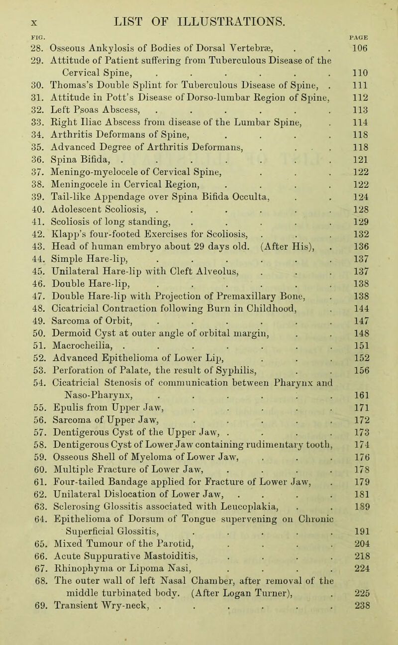 FIG. PAGE 28. Osseous Ankylosis of Bodies of Dorsal Vertebrae, . . 106 29. Attitude of Patient suffering from Tuberculous Disease of the Cervical Spine, . . . . . .110 30. Thomas’s Double Splint for Tuberculous Disease of Spine, . Ill 31. Attitude in Pott’s Disease of Dorso-lumbar Region of Spine, 112 32. Left Psoas Abscess, ...... 113 33. Right Iliac Abscess from disease of the Lumbar Sjiine, . 114 34. Arthritis Deformans of Spine, . . . .118 35. Advanced Degree of Arthritis Deformans, . . . 118 36. Spina Bifida, ....... 121 37. Meningo-myelocele of Cervical Spine, . . .122 38. Meningocele in Cervical Region, .... 122 39. Tail-like Appendage over Spina Bifida Occulta, . . 124 40. Adolescent Scoliosis, ...... 128 41. Scoliosis of long standing, ..... 129 42. Klapp’s four-footed Exercises for Scoliosis, . . 132 43. Head of human embryo about 29 days old. (After His), . 136 44. Simple Hare-lip, ...... 137 45. Unilateral Hare-lip with Cleft Alveolus, . . . 137 46. Double Hare-lip, ...... 138 47. Double Hare-lip with Projection of Premaxillary Bone, . 138 48. Cicatricial Contraction following Burn in Childhood, 144 49. Sarcoma of Orbit, . . . . . .147 50. Dermoid Cyst at outer angle of orbital margin, . . 148 51. Macrocheilia, . . . . . . .151 52. Advanced Epithelioma of Lower Lip, . . . 152 53. Perforation of Palate, the result of Syphilis, . . 156 54. Cicatricial Stenosis of communication between Pharynx and Naso-Pharynx, . . . . . .161 55. Epulis from Upper Jaw, ..... 171 56. Sarcoma of Upper Jaw, ..... 172 57. Dentigerous Cyst of the Upper Jaw, .... 173 58. Dentigerous Cyst of Lower Jaw containing rudimentary tooth, 174 59. Osseous Shell of Myeloma of Lower Jaw, . . . 176 60. Multiple Fracture of Lower Jaw, . . . .178 61. Four-tailed Bandage applied for Fracture of Lower Jaw, . 179 62. Unilateral Dislocation of Lower Jaw, . . . . 181 63. Sclerosing Glossitis associated with Leucoplakia, . . 1S9 64. Epithelioma of Dorsum of Tongue supervening on Chronic Superficial Glossitis, . . . . .191 65. Mixed Tumour of the Parotid, .... 204 66. Acute Suppurative Mastoiditis, .... 218 67. Rhinopliyma or Lipoma Nasi, .... 224 68. The outer wall of left Nasal Chamber, after removal of the middle turbinated body. (After Logan Turner), . 225 69. Transient Wry-neck, ...... 238