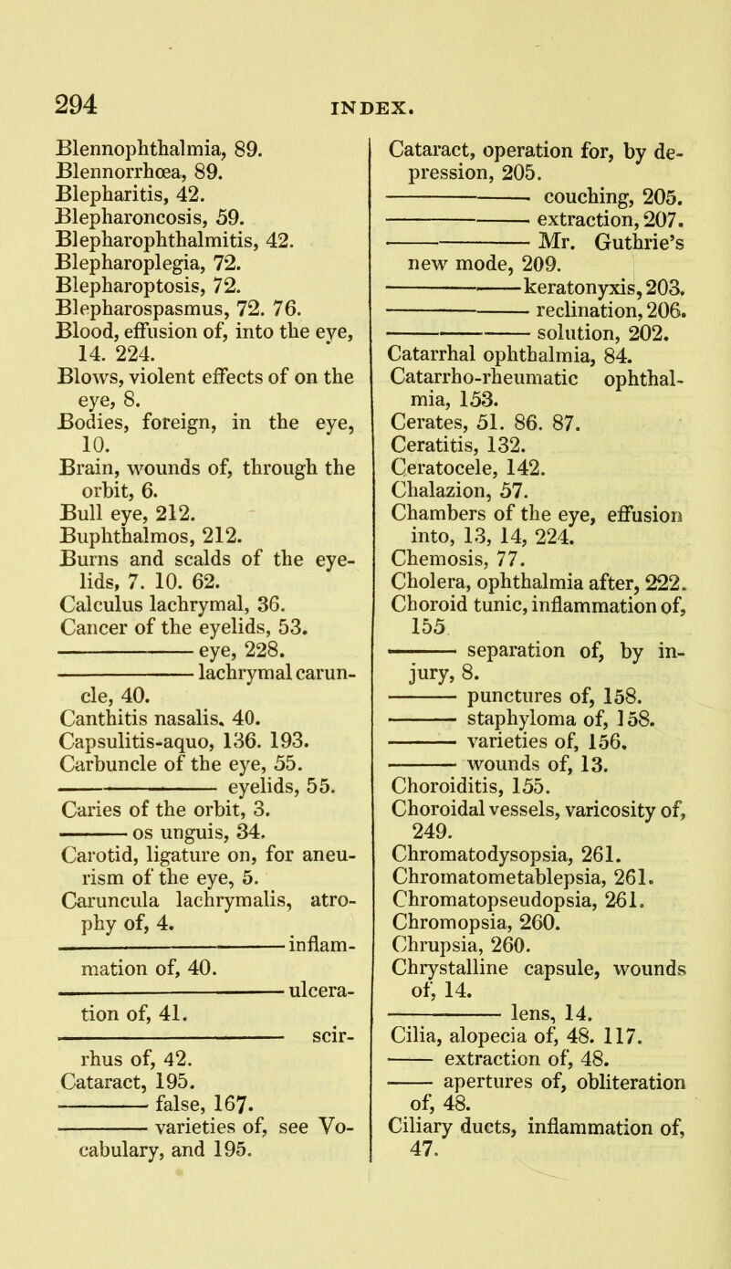 Blennophthalmia, 89. Blennorrhoea, 89. Blepharitis, 42. Blepharoncosis, 59. Blepliarophthalmitis, 42. Blepharoplegia, 72. Blepharoptosis, 72. Blepharospasmus, 72. 76. Blood, effusion of, into the eye, 14. 224. Blows, violent effects of on the eye, 8. Bodies, foreign, in the eye, 10. Brain, wounds of, through the orbit, 6. Bull eye, 212. Buphthalmos, 212. Burns and scalds of the eye- lids, 7. 10. 62. Calculus lachrymal, 36. Cancer of the eyelids, 53. eye, 228. lachrymal carun- cle, 40. Canthitis nasalis, 40. Capsulitis-aquo, 136. 193. Carbuncle of the eye, 55. eyelids, 55. Caries of the orbit, 3. OS unguis, 34. Carotid, ligature on, for aneu- rism of the eye, 5. Caruncula lachrymalis, atro- phy of, 4. —_ inflam- mation of, 40. — — ulcera- tion of, 41. scir- rhus of, 42. Cataract, 195. false, 167. varieties of, see Vo- cabulary, and 195. Cataract, operation for, by de- pression, 205. . couching, 205. extraction, 207. Mr. Guthrie's new mode, 209. keratonyxis, 203. reclination, 206. solution, 202. Catarrhal ophthalmia, 84. Catarrh o-rheumatic ophthal- mia, 153. Cerates, 51. 86. 87. Ceratitis, 132. Ceratocele, 142. Chalazion, 57. Chambers of the eye, eflfusion into, 13, 14, 224. Chemosis, 77. Cholera, ophthalmia after, 222. Choroid tunic, inflammation of, 155 ■ separation of, by in- jury, 8. punctures of, 158. staphyloma of, 158. varieties of, 156, wounds of, 13. Choroiditis, 155. Choroidal vessels, varicosity of, 249. Chromatodysopsia, 261. Chromatometablepsia, 261. Chromatopseudopsia, 261. Chromopsia, 260. Chrupsia, 260. Chrystalline capsule, wounds of, 14. lens, 14. Cilia, alopecia of, 48. 117. extraction of, 48. apertures of, obliteration of, 48. Ciliary ducts, inflammation of, 47.