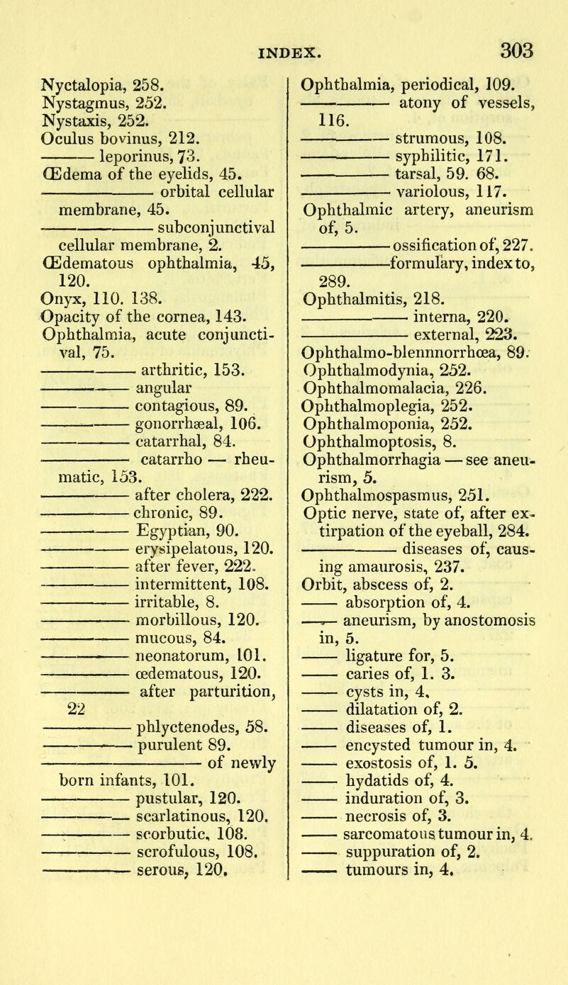 Nyctalopia, 258. Nystagmus, 252. Nystaxis, 252. Oculus bovinus, 212. leporinus, 73. (Edema of the eyelids, 45. orbital cellular membrane, 45. subconjunctival cellular membrane, 2. CEdematous ophthalmia, 45, 120. Onyx, 110. 138. Opacity of the cornea, 143. Ophthalmia, acute conjuncti- val, 75. arthritic, 153. angular contagious, 89. gonorrhseal, 106. catarrhal, 84. catarrho — rheu- matic, 153. after cholera, 222. — chronic, 89. ' Egyptian, 90. — erysipelatous, 120. after fever, 222= intermittent, 108. ■ — irritable, 8. ■ morbillous, 120. mucous, 84. ■ neonatorum, 101. oedematous, 120. after parturition, 22 phlyctenodes, 58. ■ purulent 89. of newly born infants, 101. pustular, 120. — scarlatinous, 120. —: scorbutic, 108. scrofulous, 108. serous, 120, 303 Ophthalmia, periodical, 109. atony of vessels, 116. strumous, 108. syphilitic, 171. . tarsal, 59. 68. variolous, 117. Ophthalmic artery, aneurism of, 5. ossification of, 227. formulary, index to, 289. Ophthalmitis, 218. interna, 220. external, 223. Ophthalmo-blennnorrhcea, 89. Ophthalmodynia, 252. Ophthalmomalacia, 226. Ophthalmoplegia, 252. Ophthalmoponia, 252. Ophthalmoptosis, 8. Ophthalmorrhagia — see aneu- rism, 5. Ophthalmospasmus, 251. Optic nerve, state of, after ex- tirpation of the eyeball, 284. diseases of, caus- ing amaurosis, 237. Orbit, abscess of, 2. absorption of, 4. —rr- aneurism, by anostomosis in, 5. ligature for, 5. caries of, 1. 3. cysts in, 4, dilatation of, 2. diseases of, 1. encysted tumour in, 4. • exostosis of, 1. 5. hydatids of, 4. induration of, 3. necrosis of, 3. sarcomatous tumour in, 4. suppuration of, 2. tumours in, 4.